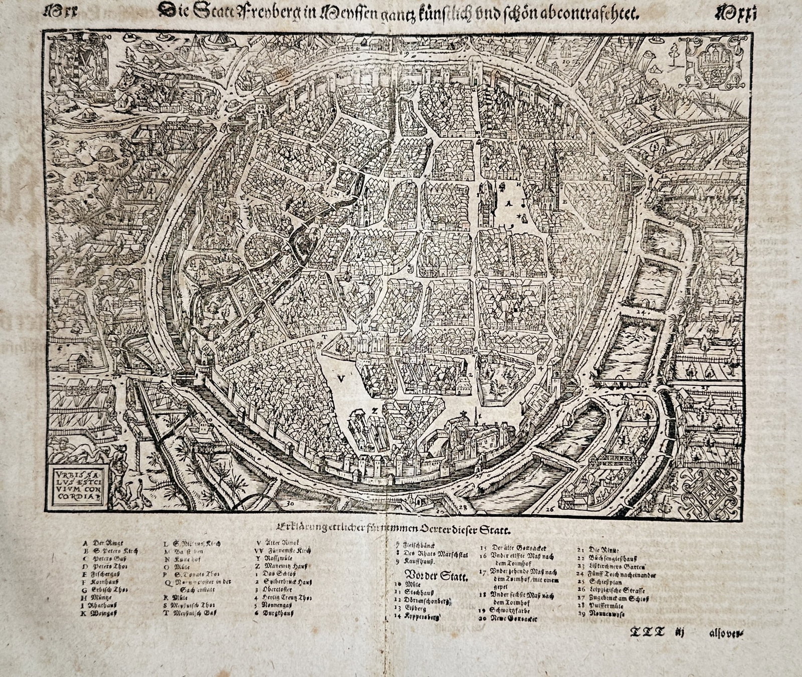 Sebastian Munster (1488–1552) – Map of Freiberg – Germany – Woodcut (1550): "die statt freiberg in meissen gantz künstlich und schön abcontrafectet". This woodcut provides a detailed bird's-eye view of the circular fortified city of freiberg in saxony, illustrating its dens