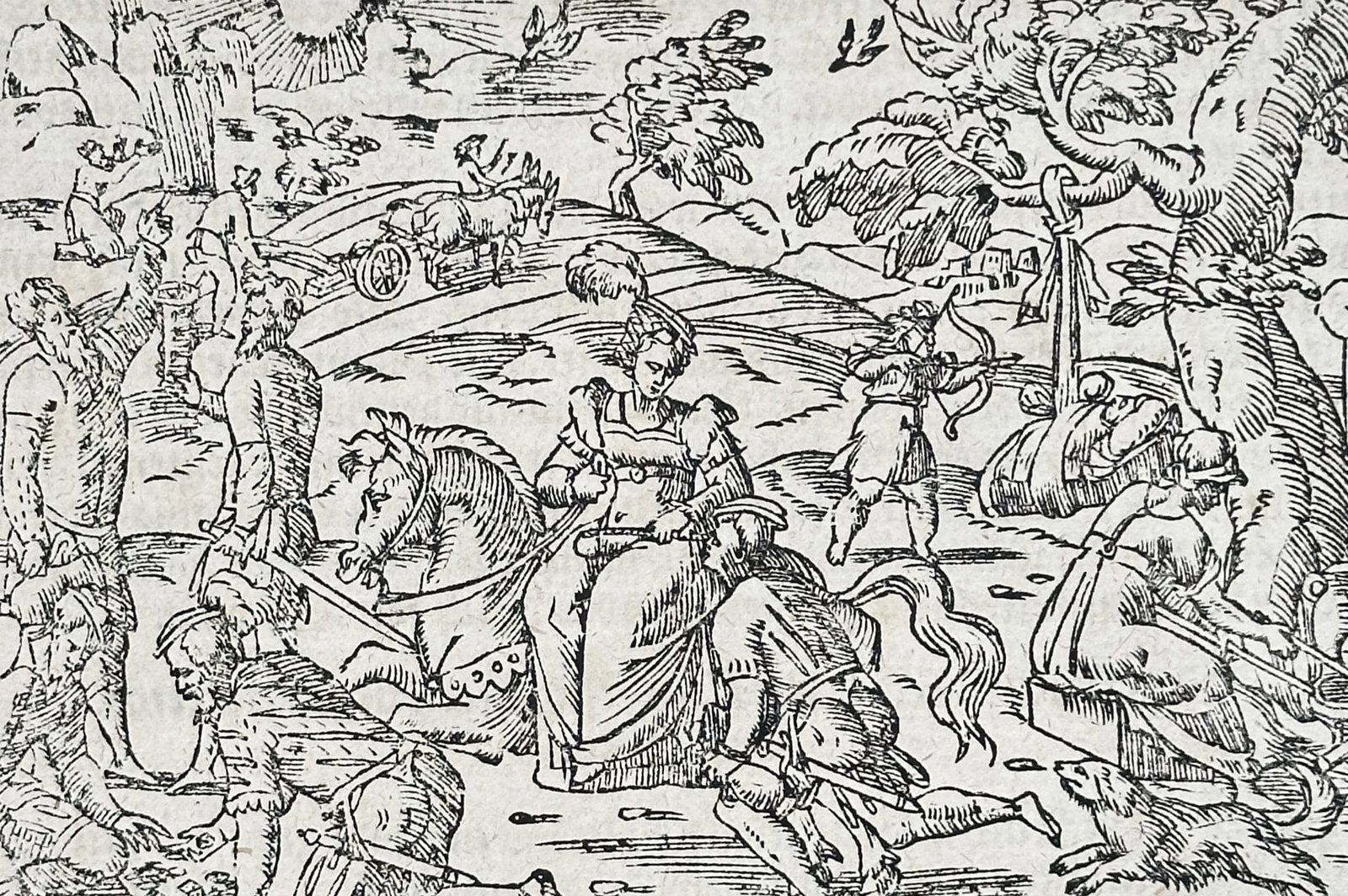 Sebastian Munster (1488–1552) – Customs of the Ancient Gauls – Woodcut (1550): "von sitten vnd gewonheit der alten franzosen". This woodcut illustrates a scene of ancient gaulish life featuring figures in a landscape with soldiers and a central seated figure surrounded by follow