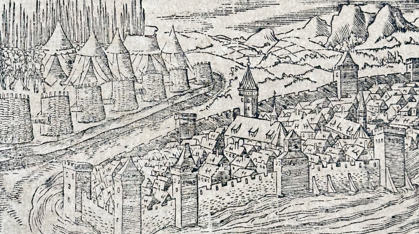 Sebastian Munster (1488–1552) – View of the Siege of Zurich – Woodcut (1550): "die erste belägerung der statt zürich". This woodcut illustrates a panoramic view of the fortified city of Zurich during a siege, showing its defensive walls, towers, and the surrounding mountainou