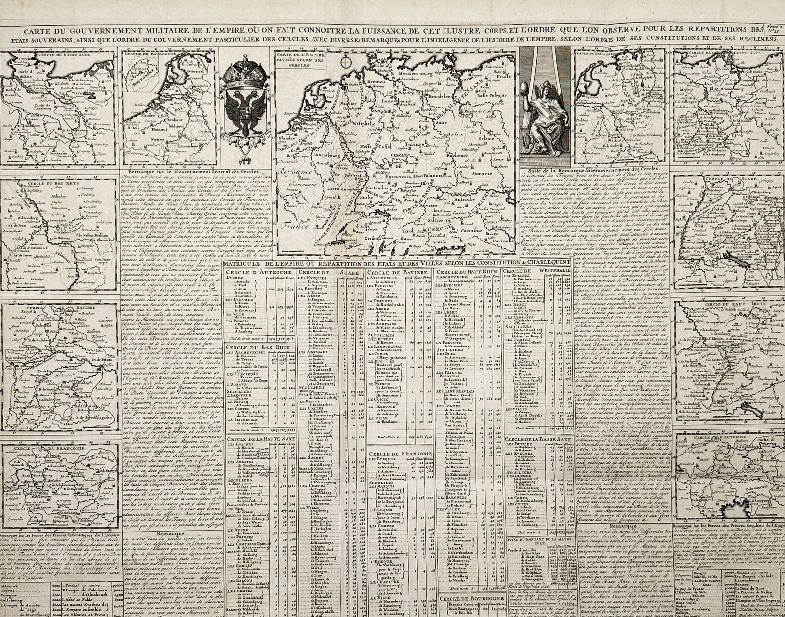 Henri Abraham Chatelain (1684–1743) – Map of the Military Government of the Empire – Germany: "Carte du Gouvernement Militaire de l'Empire". This copper engraving provides a complex historical overview of the Holy Roman Empire's military and administrative structure. The sheet features a centr