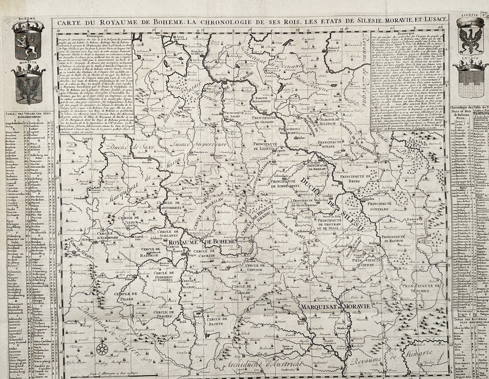 Henri Abraham Chatelain (1684–1743) – Map of the Kingdom of Bohemia – Czech Republic: "Carte du Royaume de Boheme, la Chronologie de ses Rois, les Etats de Silesie, Moravie, et Lusace". This copper engraving depicts the Kingdom of Bohemia and its neighboring regions of Silesia, Moravia