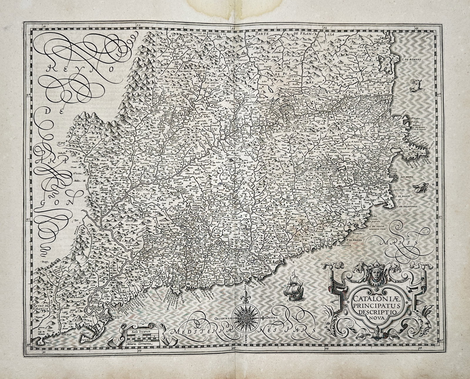 Jodocus Hondius (1563–1612) – Map of Catalonia – Spain – Copper engraving (1606): "cataloniae principatus descriptio nova". This copper engraving provides a detailed topographical view of the principality of catalonia, illustrating the rugged pyrenees mountains, coastal settlements