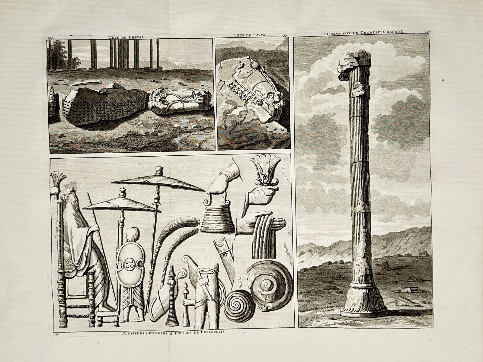 Cornelis de Bruyn (1652–1727) – Architectural Ruins and Figures of Persepolis – Copper: "plusieurs ornemens & figures de persepolis". this copper engraving depicts various archaeological findings from the ancient city of persepolis including a tall fluted column, fallen statues of horses