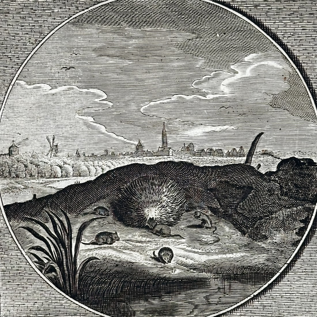 Jacob Cats (1577–1660) – Play, But Chastely – Etching (1655): "Ludite, Sed Caste". This etching depicts a hedgehog and mice in a natural landscape within a circular frame, set against a distant cityscape featuring a prominent spire and windmills. The work is a p
