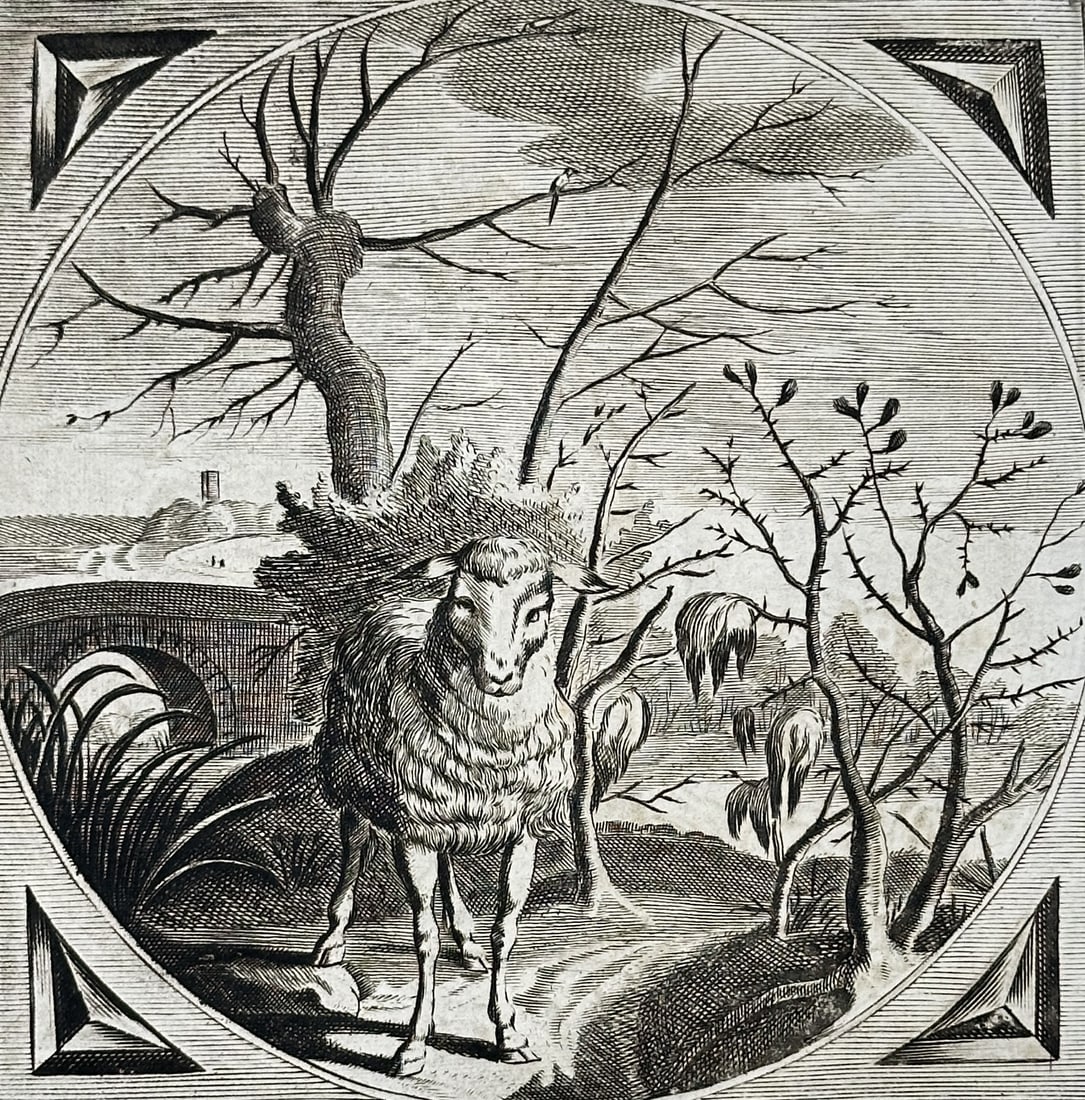 Jacob Cats (1577–1660) – Opportunity Makes the Thief – Etching (1655): "Facit Occasio Furem". This etching depicts a sheep caught in a thorny thicket, losing its wool to the brambles, set within a circular frame against a landscape featuring a stone bridge and distant bu