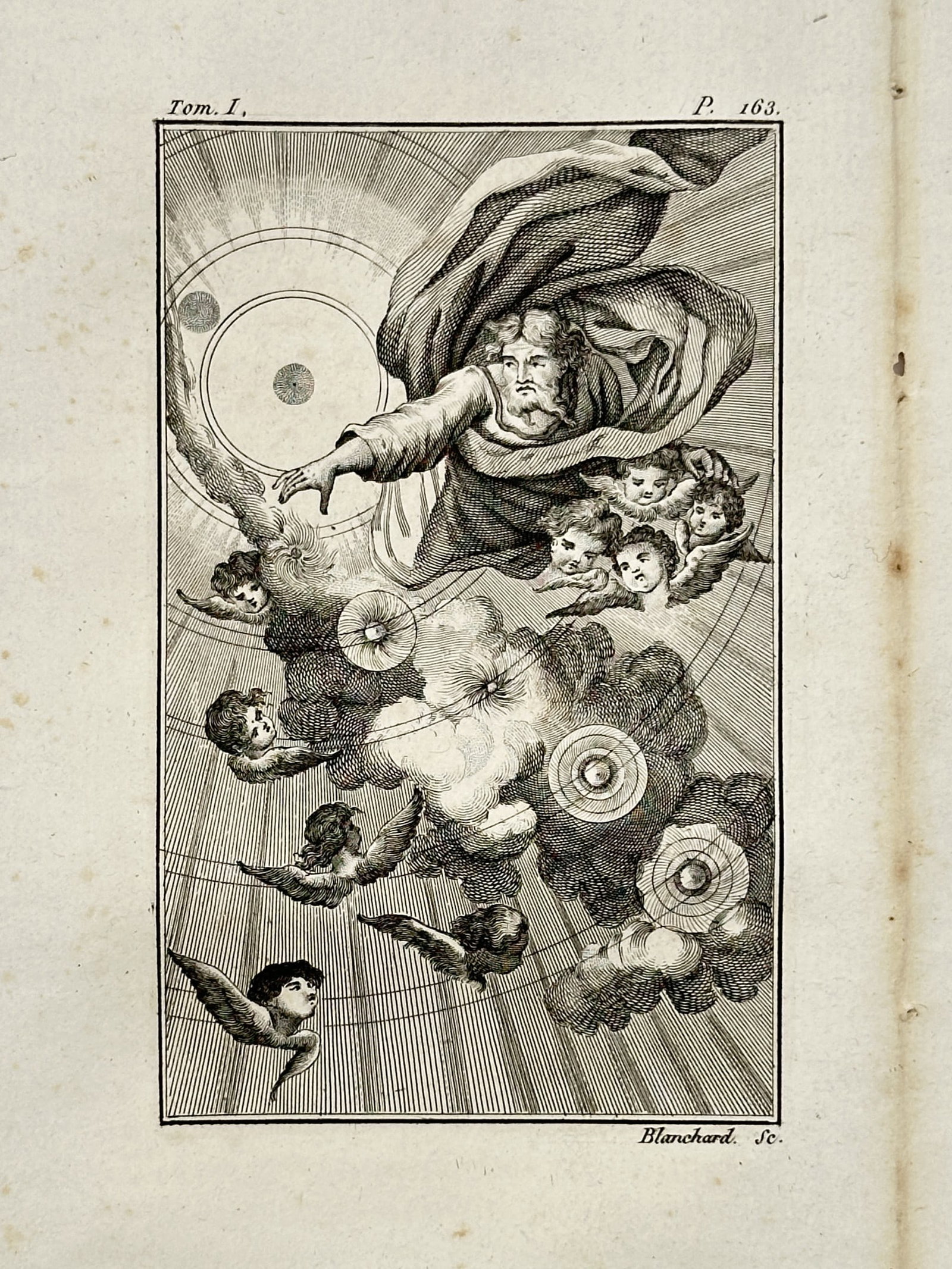 Georges-Louis Leclerc, Comte de Buffon (1707–1788) – Allegory of the Creation of the Universe: The Creation of the Universe. This copper engraving depicts a celestial allegory featuring a divine figure surrounded by cherubim and planetary orbits within a burst of light. The work is a plate from