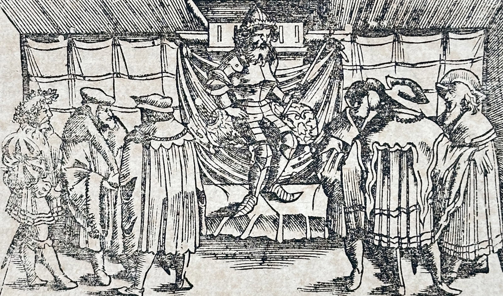 Sebastian Münster (1488–1552) – King Ottokar Kneeling Before King Rudolph – Woodcut (1550): Das Dritte Buch. This woodcut page features a historical scene depicting King Ottokar of Bohemia kneeling in submission before King Rudolph, surrounded by various courtly figures within an interior se