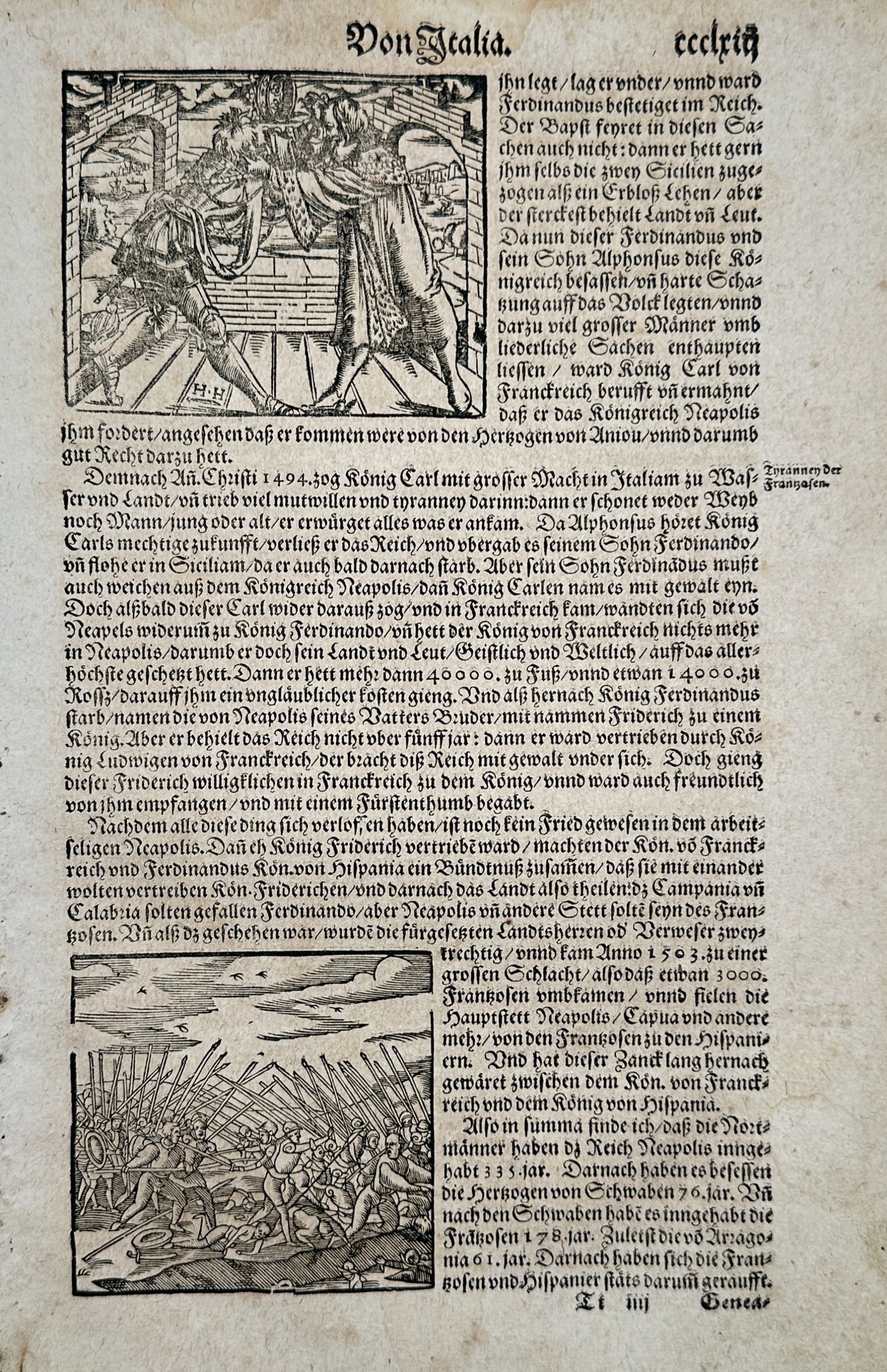Sebastian Munster (1488–1552) – Scenes of Italian History – Woodcut (1550): Von Italia. This woodcut page features two historical illustrations: an upper scene depicting a confrontation within an architectural setting and a lower scene showing a chaotic battle with soldiers a