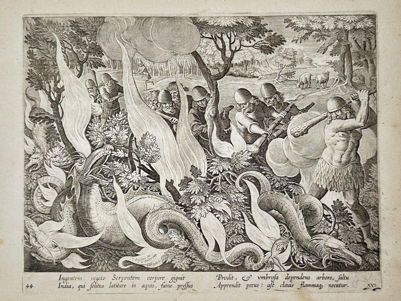 Johannes Stradanus (1523–1605) – Hunting Elephants in India – Engraving (1578): "Ingentem vegeto Serpentem corpore gignit India". This engraving depicts a dramatic scene where a group of hunters, some in armor and others in primitive attire, use fire and clubs to subdue a massive