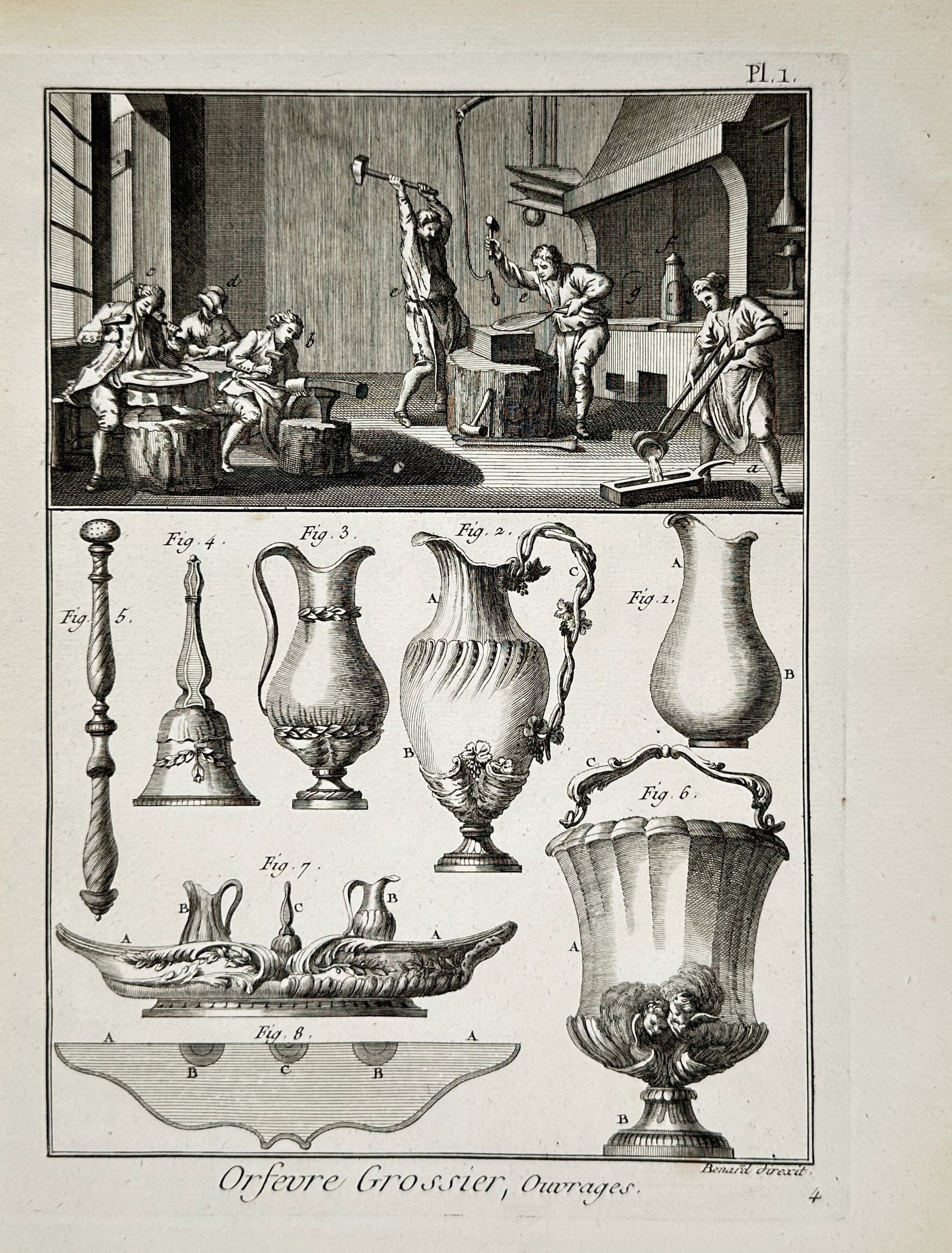 Robert Benard (1734–1777) – Silversmithing Workshop and Wares – Engraving (1771): "Orfevre Grossier, Ouvrages". This engraving features a dual-register composition; the upper section depicts a bustling eighteenth-century silversmithing workshop with craftsmen engaged in forging, ha