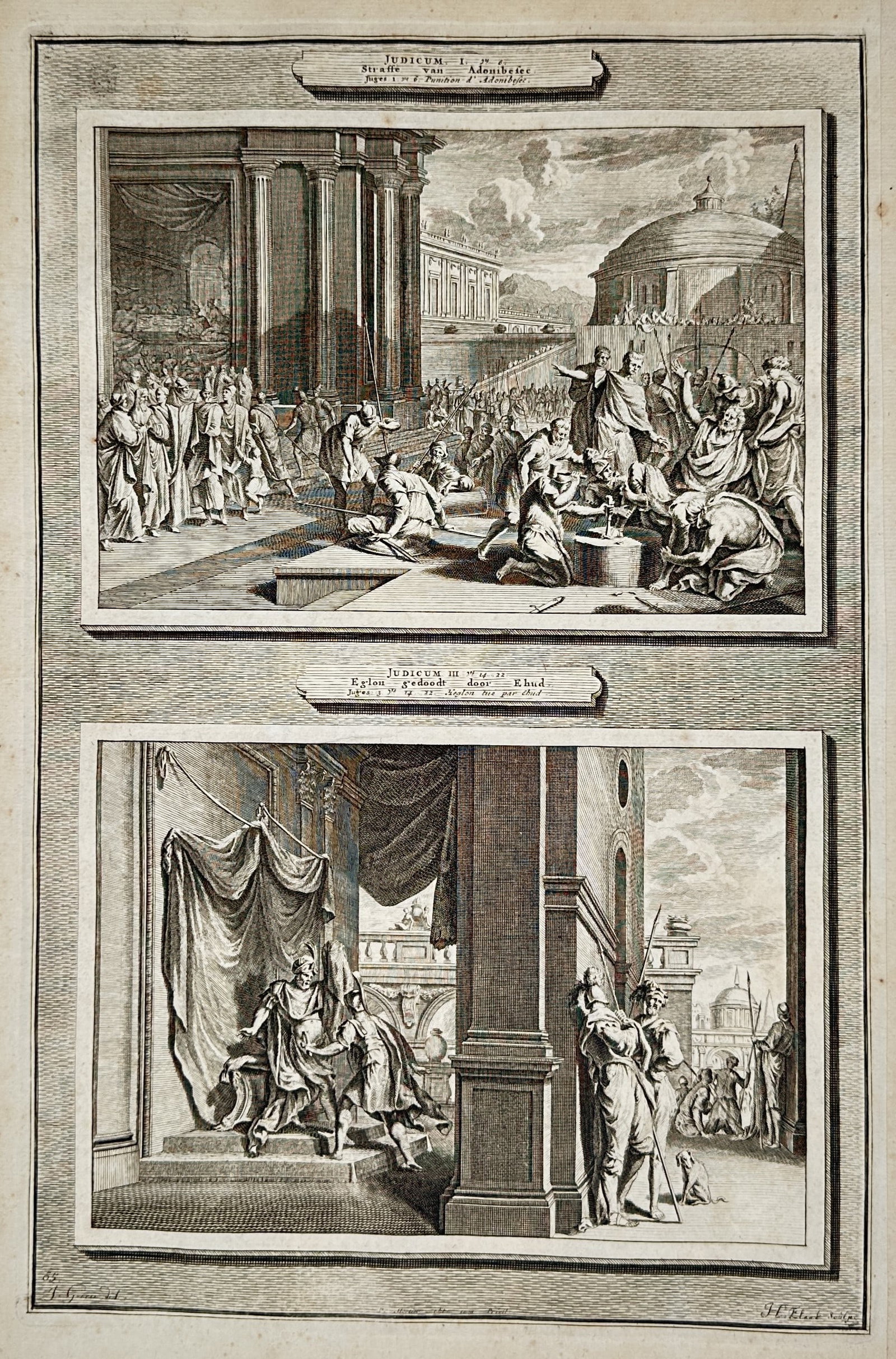 Pieter Mortier (1661–1711) – Biblical Scenes of Adonibezek and Ehud – Engraving (1700) (1 of 2)