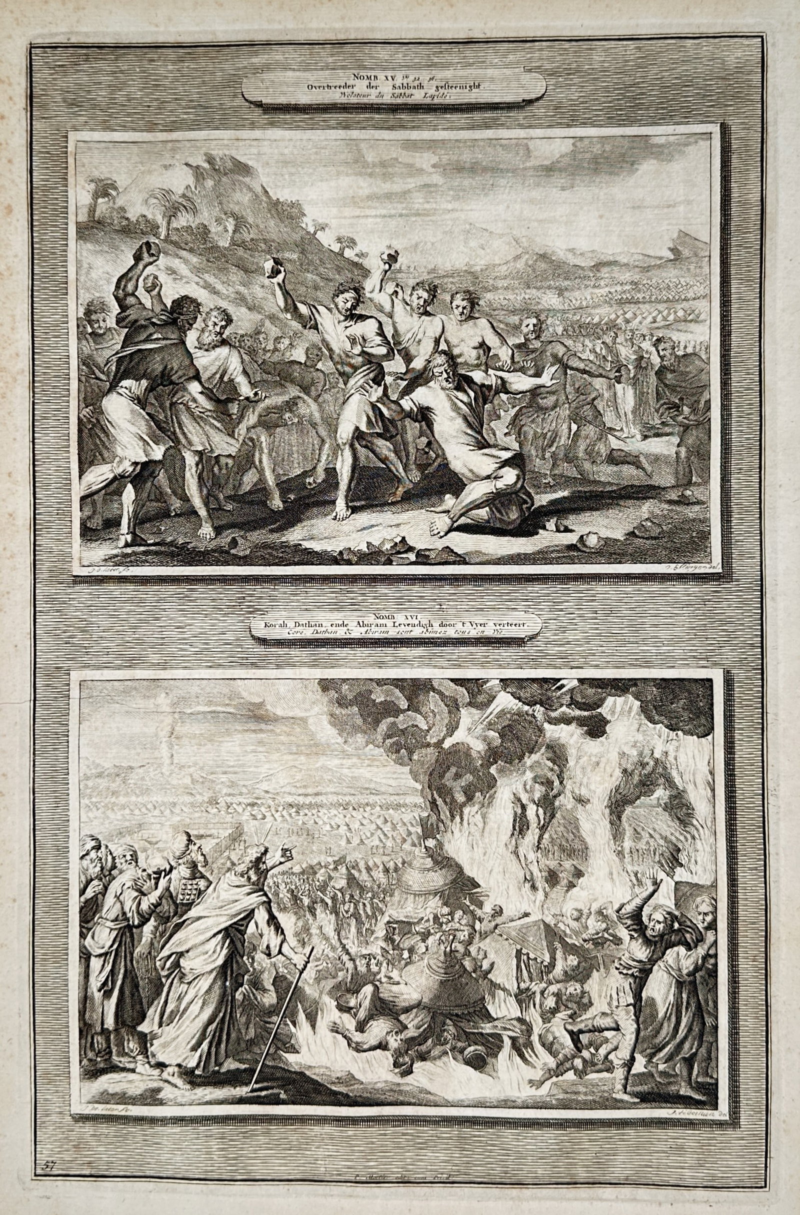Pieter Mortier (1661–1711) – Biblical Scenes of Achan and the Israelites – Engraving (1700): "Achan". This engraving features two distinct biblical illustrations from the book of Joshua: the upper register depicts the stoning of Achan by the Israelites in the Valley of Achor, while the lower 