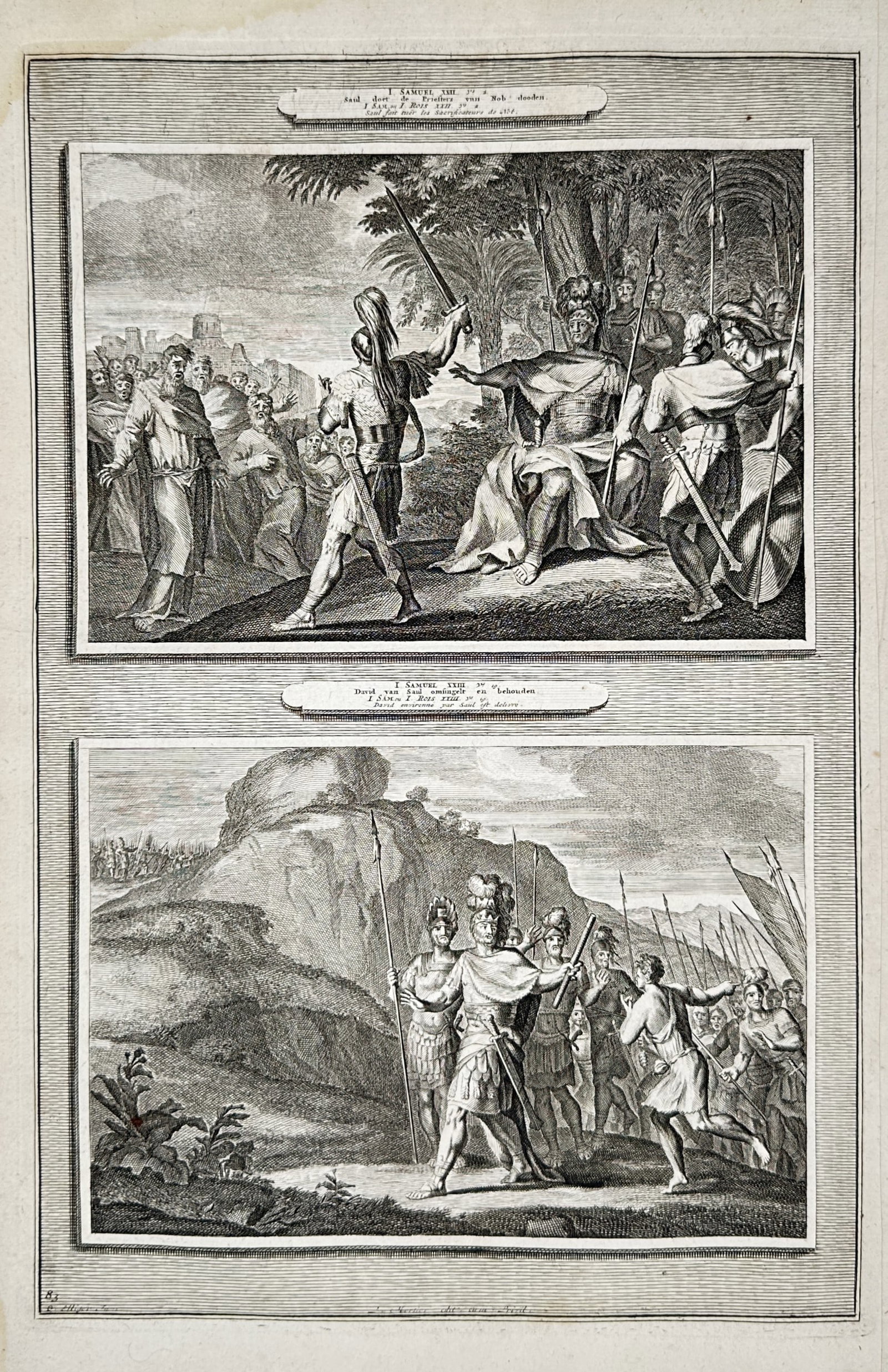 Pieter Mortier (1661–1711) – Biblical Scenes of Saul and David – Engraving (1700) (1 of 2)