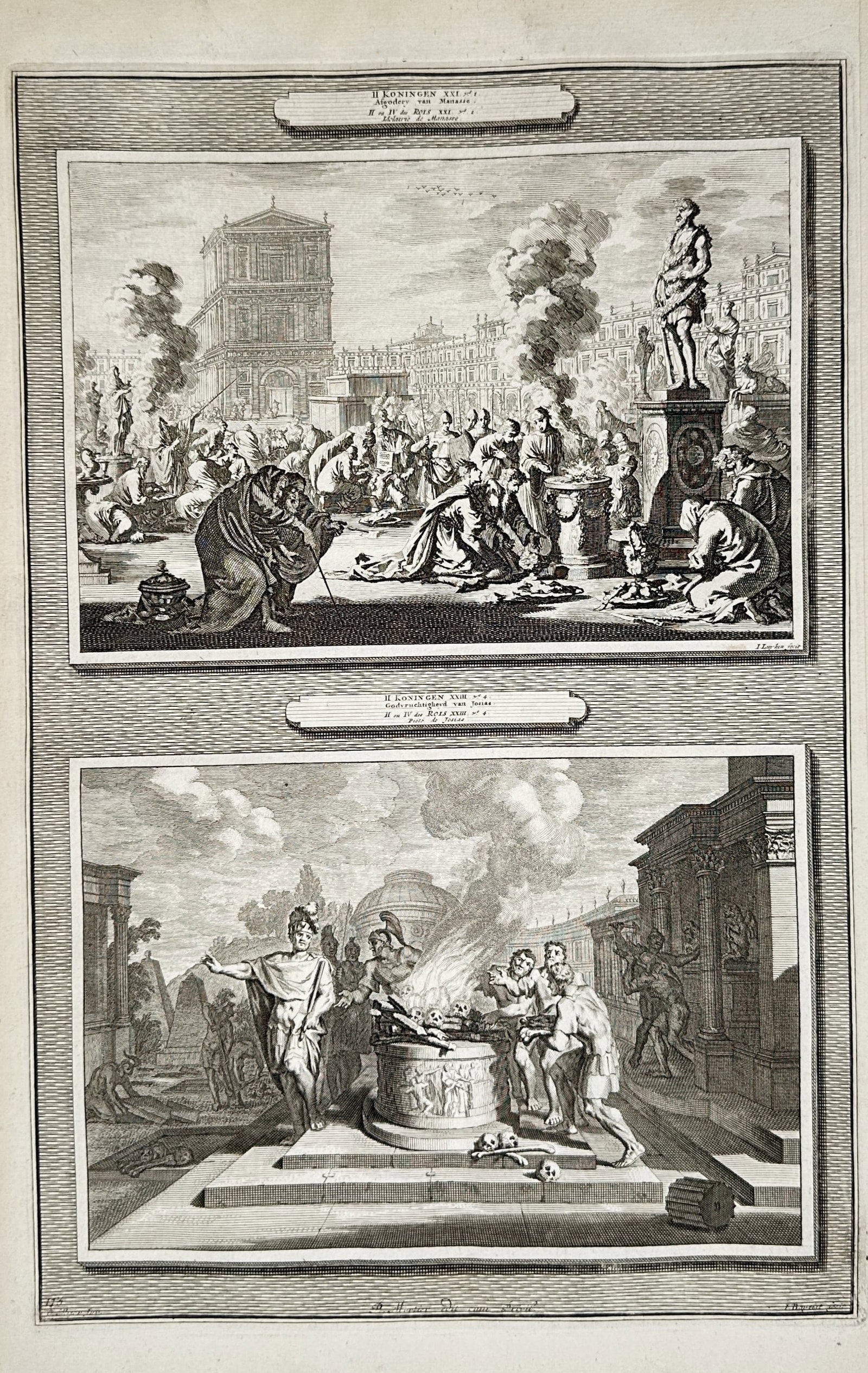 Pieter Mortier (1661–1711) – Biblical Scenes of Idolatry and Sacrifice – Engraving (1700): "I. Koningen XII". This engraving features two distinct biblical illustrations from the book of Kings: the upper register depicts Jeroboam sacrificing to the golden calf at an altar, while the lower r