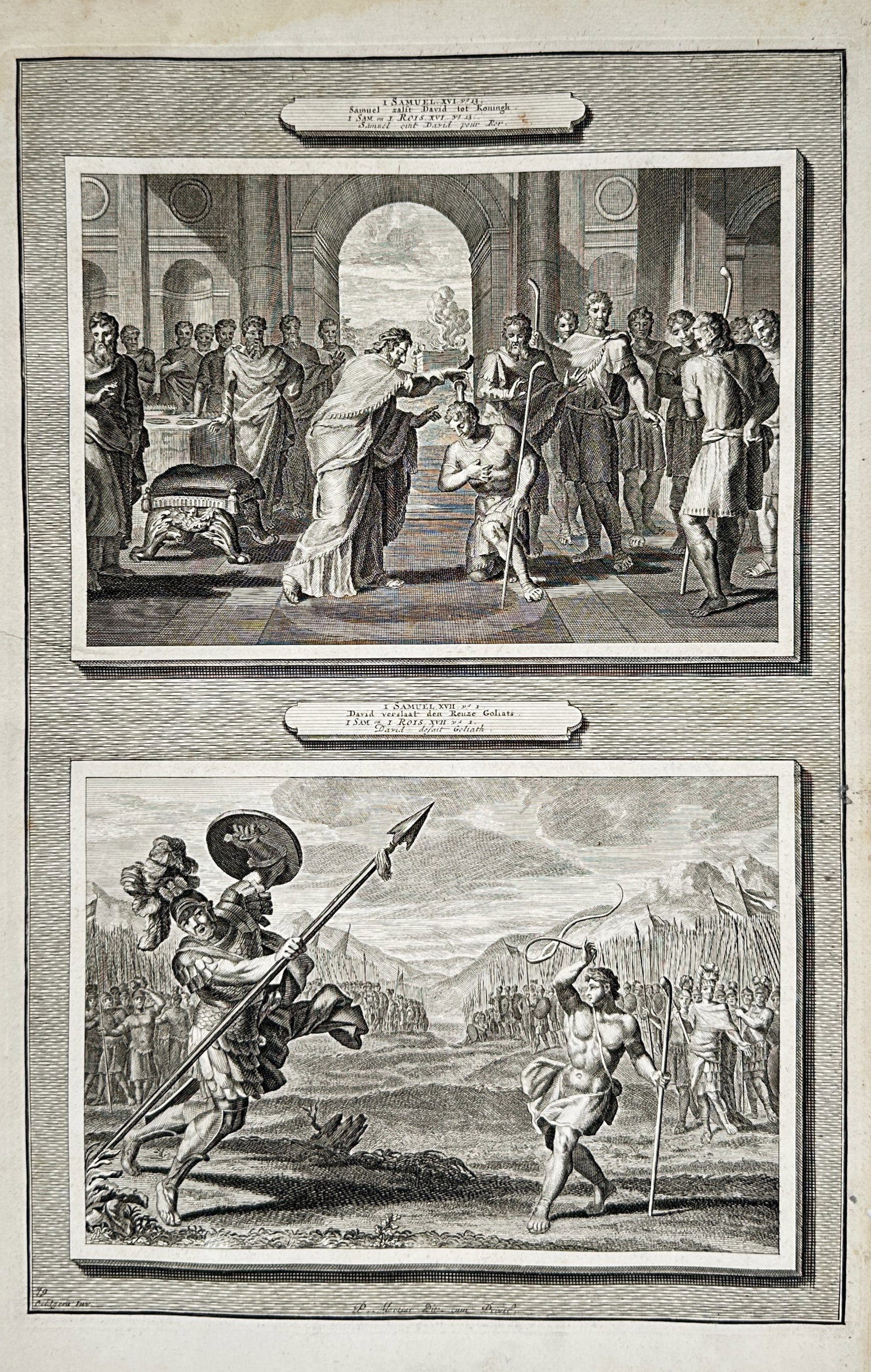 Pieter Mortier (1661–1711) – Biblical Scenes of David's Anointing and Goliath – Engraving (1 of 2)