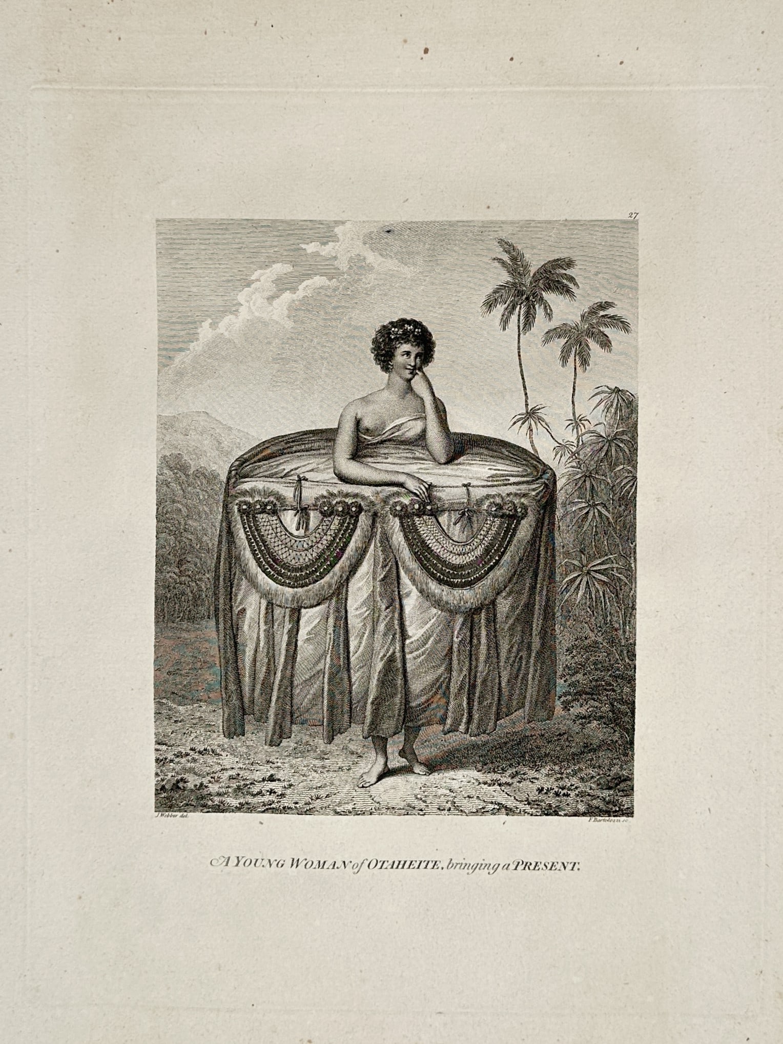 John Webber (1751–1793) – Young Woman of Otaheite bringing a Present – Engraving (1784): "A Young Woman of Otaheite, bringing a Present". This engraving depicts a Tahitian woman draped in a vast quantity of bark cloth, or tapa, arranged in a ceremonial fashion to be presented as a gift, s