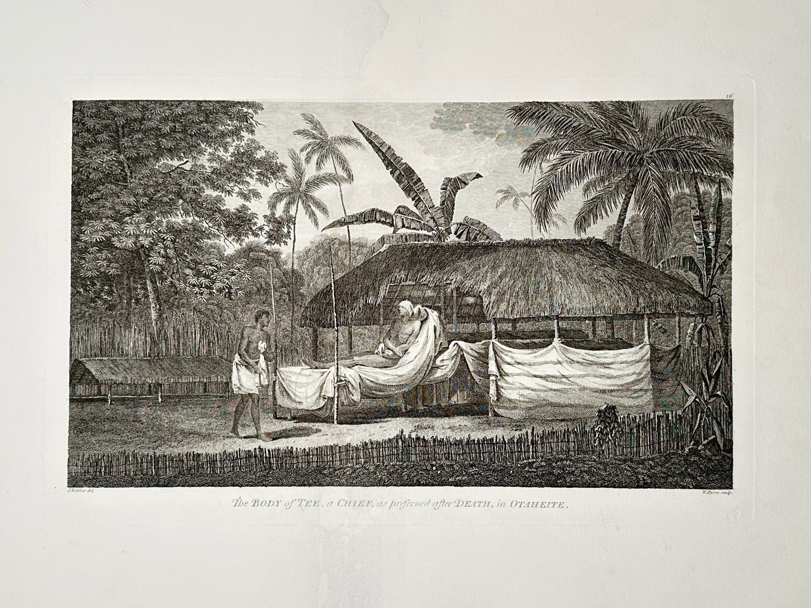 John Webber – The Body of Tee, a Chief, as preserved after Death – Engraving (1784): "The Body of Tee, a Chief, as preserved after Death, in Otaheite". This engraving illustrates a Tahitian funerary scene, showing the preserved body of a deceased chief displayed under a thatched canop