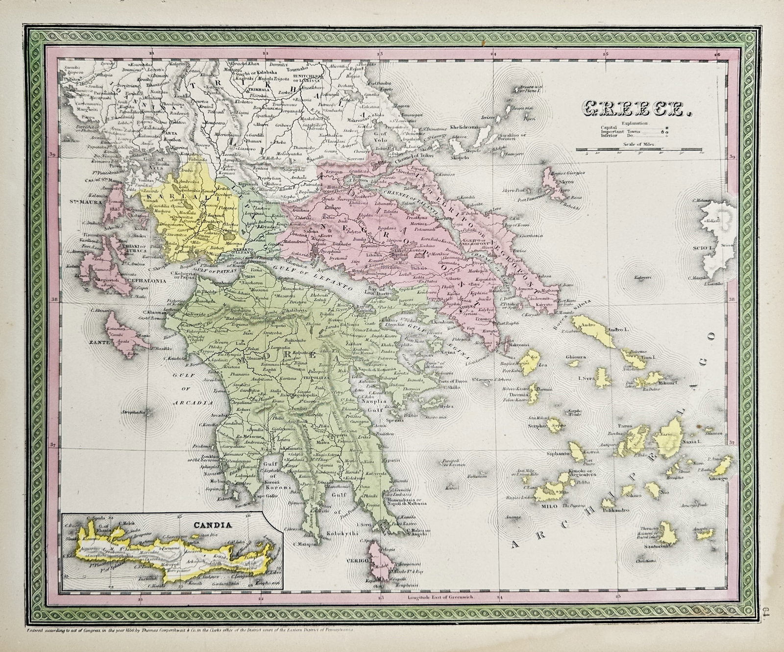 Thomas Cowperthwait & Co. (Active 1850–1853) – Map of Greece – Hand-coloured engraving (1850): "Greece". This hand-coloured engraving provides a detailed map of Greece and the Ionian Islands, featuring an inset map of Candia and vibrant pastel wash to delineate regional borders. The work was pu
