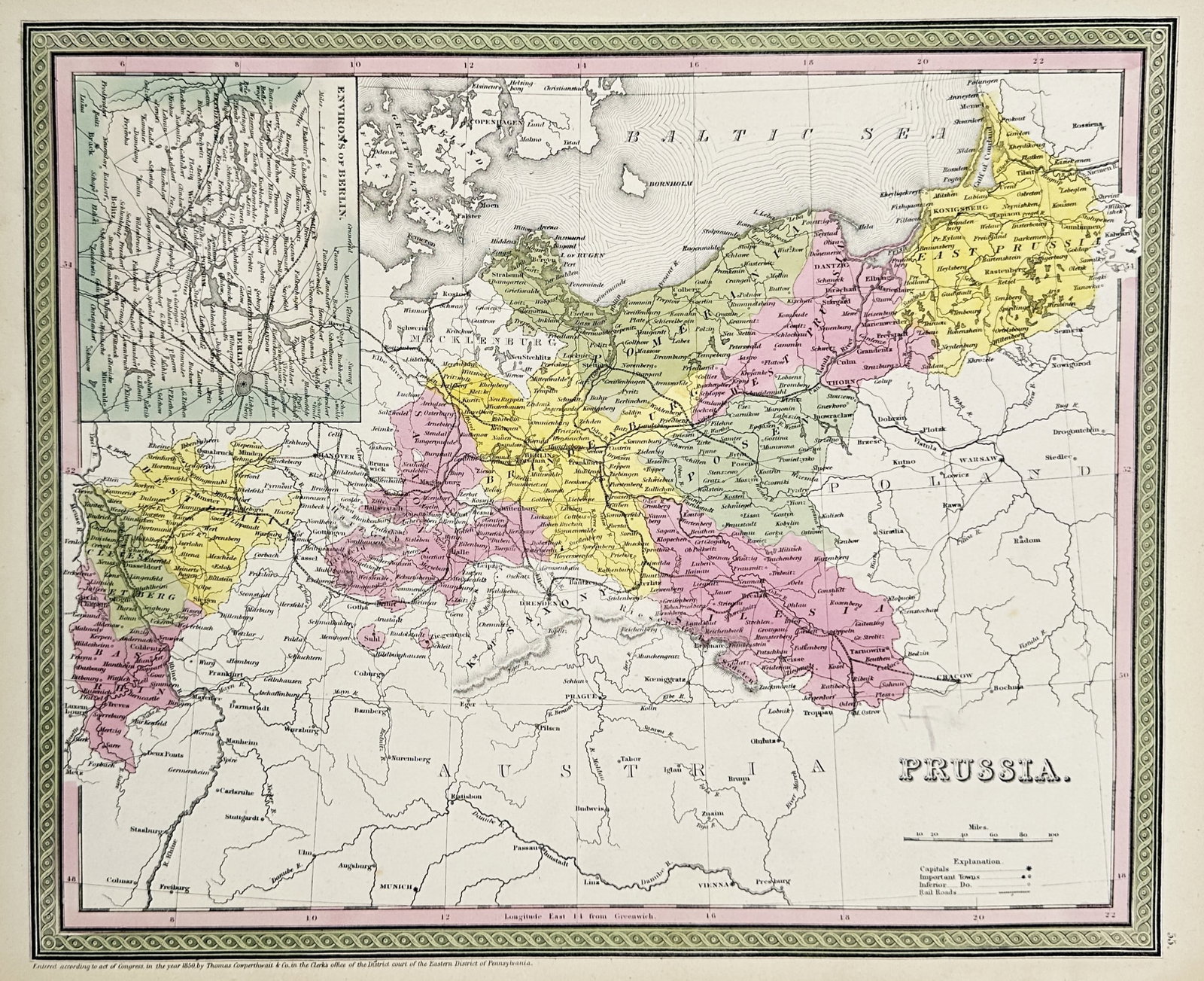 Thomas Cowperthwait & Co. (Active 1850–1853) – Map of Prussia – Hand-coloured engraving (1850) (1 of 2)