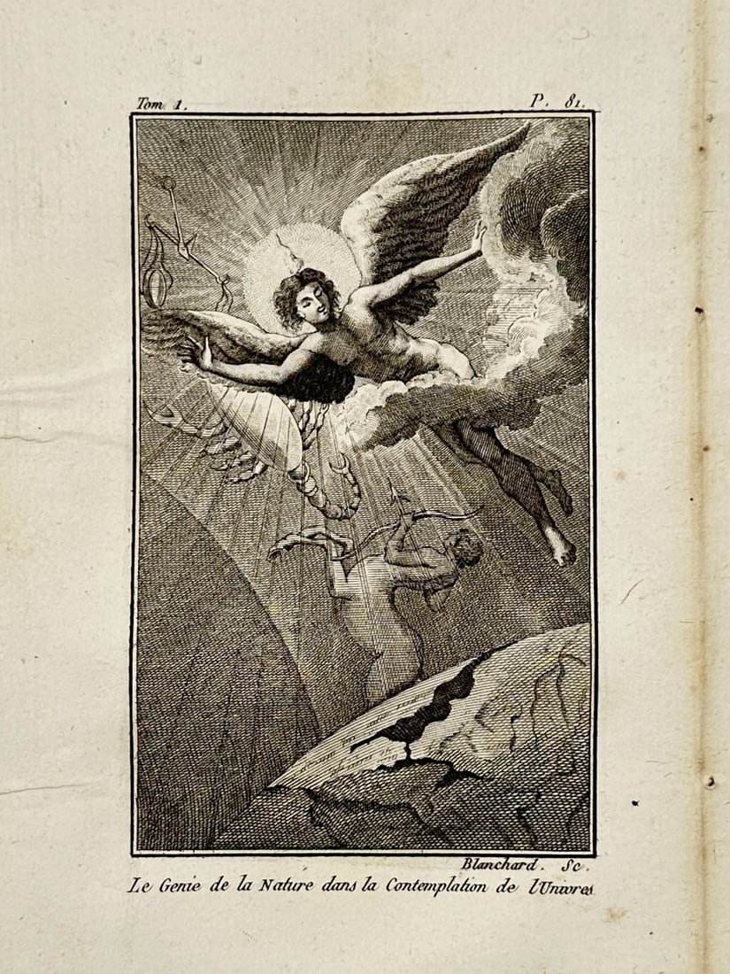 Georges-Louis Leclerc, Comte de Buffon – Allegorical View of the Genius of Nature – Engraving: "Le Genie de la Nature dans la Contemplation de l'Univers" depicts an allegorical winged figure representing the Genius of Nature, soaring amidst celestial rays and clouds above the terrestrial globe.