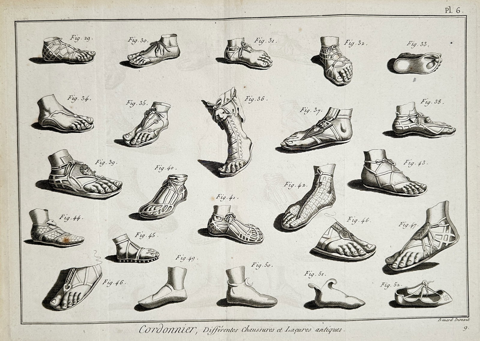 Robert Benard (1734-1777) – View of Ancient Footwear and Fastenings – France – Engraving: "Cordonnier, Differentes Chaussures et Ligures antiques" displays a comprehensive collection of historical footwear styles, ranging from simple sandals to ornate greaves and lacing systems from antiqu