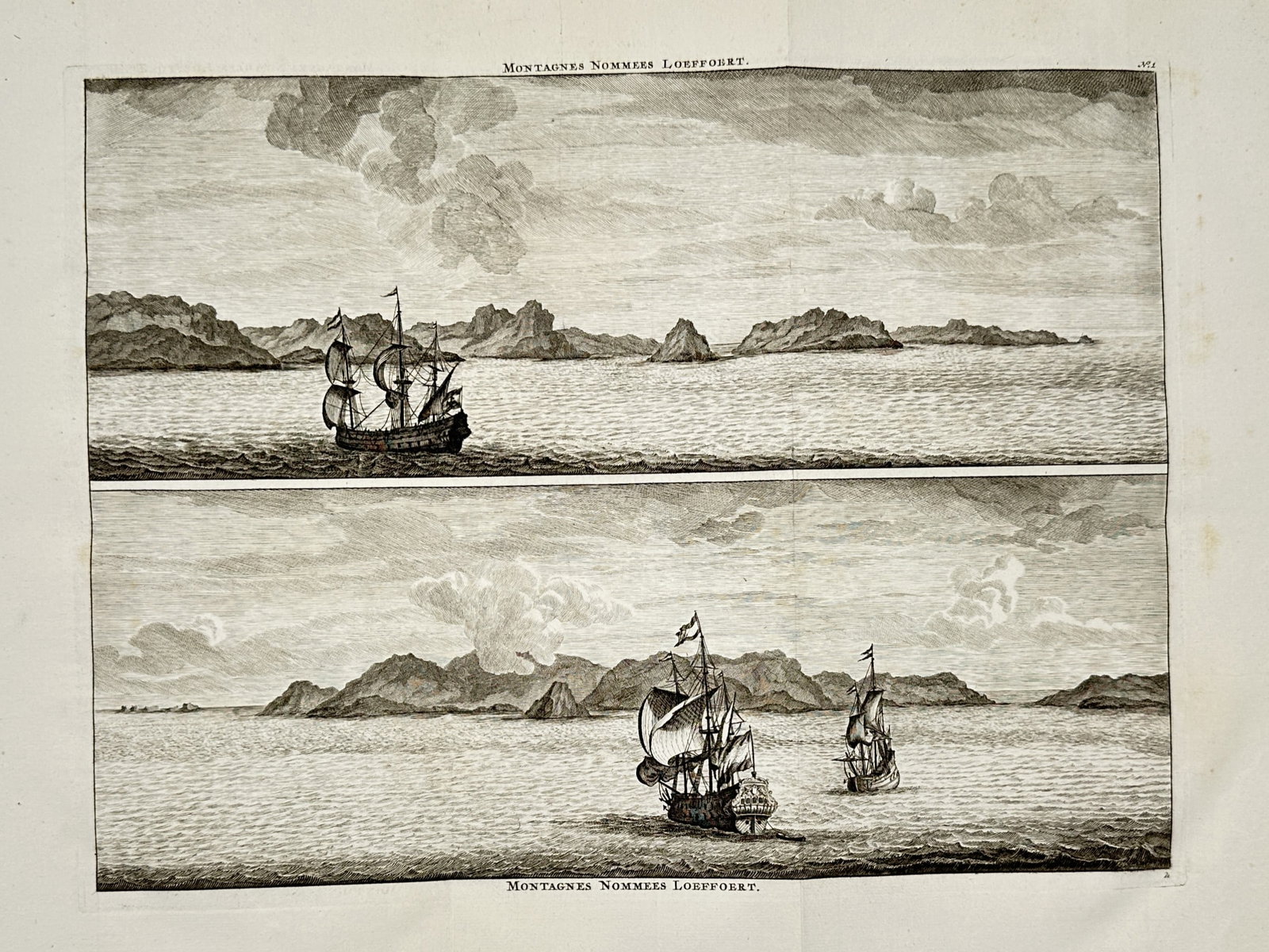 Cornelis de Bruyn – View of the Mountains Named Loeffoert – Norway – Engraving (1698): "Montagnes Nommees Loeffoert" depicts two panoramic coastal views of the Lofoten Islands in Norway as seen from the sea. Each register shows sailing vessels navigating the waters against a backdrop of