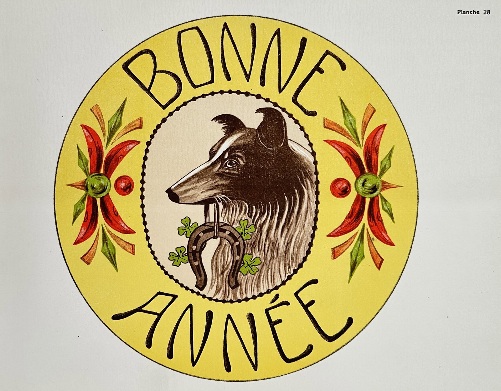 Alphonse Mucha – New Year Greeting with Collie and Symbols of Luck – Lithograph (1902): "Bonne Annee" features a central circular medallion depicting the head of a Collie dog holding a horseshoe decorated with four-leaf clovers in its mouth. The yellow border contains the festive greetin