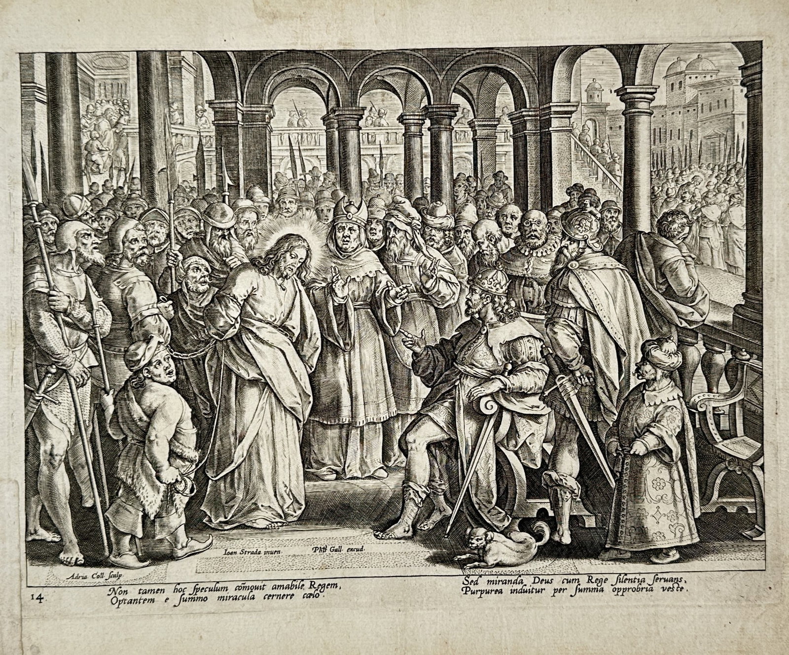 Jan Stradanus (1523-1605) – View of Christ before Herod Antipas – Netherlands – Engraving: This scene depicts Christ standing before Herod Antipas, who is seated on a throne beneath a grand classical loggia. Surrounded by a dense crowd of soldiers, priests, and courtiers, the composition ca
