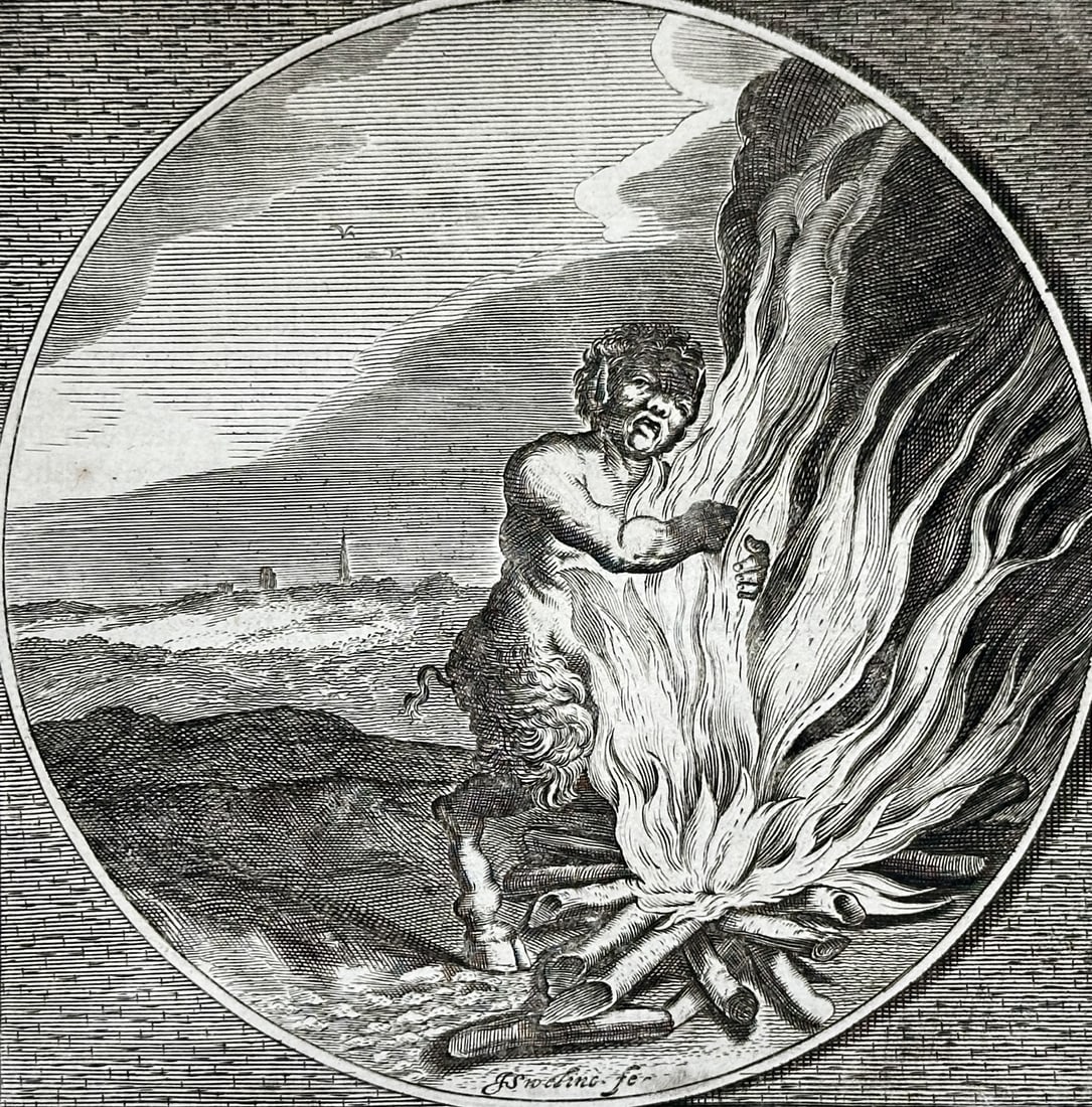 Jacob Cats (1577-1660) – View of a Man Warming Himself by a Fire – Netherlands – Engraving (1 of 3)