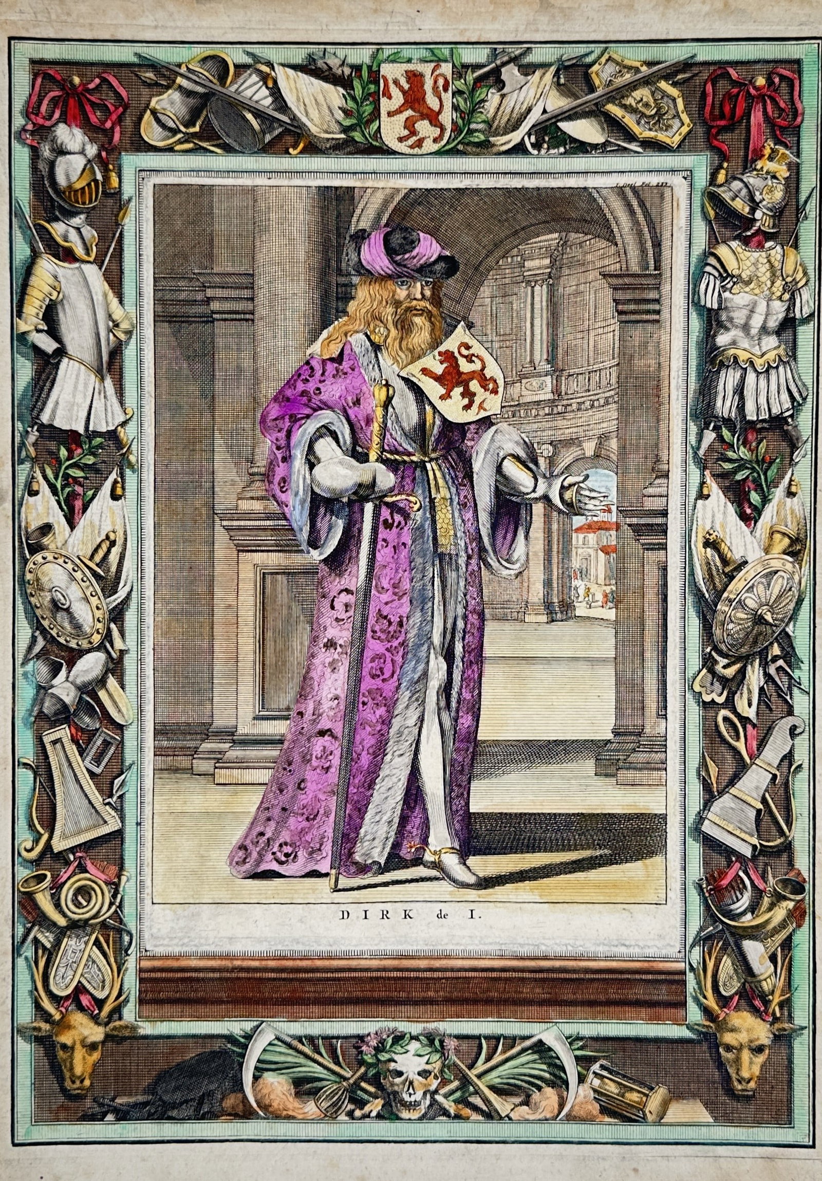 François Halma – Portrait of Dirk I, Count of Holland – Netherlands – Hand-coloured engraving: "Dirk de I" depicts the first Count of Holland in a full-length portrait, standing within a classical hall. The figure is dressed in a magnificent purple robe lined with ermine, holding a staff of aut
