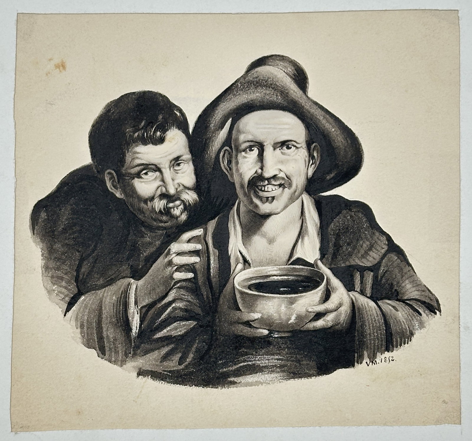 Marie-Alexandre Alophe, after – View of Two Drinkers from The Triumph of Bacchus – Lithograph: This lithograph presents a detailed study of two figures from Diego Velázquez's celebrated painting The Triumph of Bacchus, commonly known as Los Borrachos. The central figure wears a wide-brimmed ha