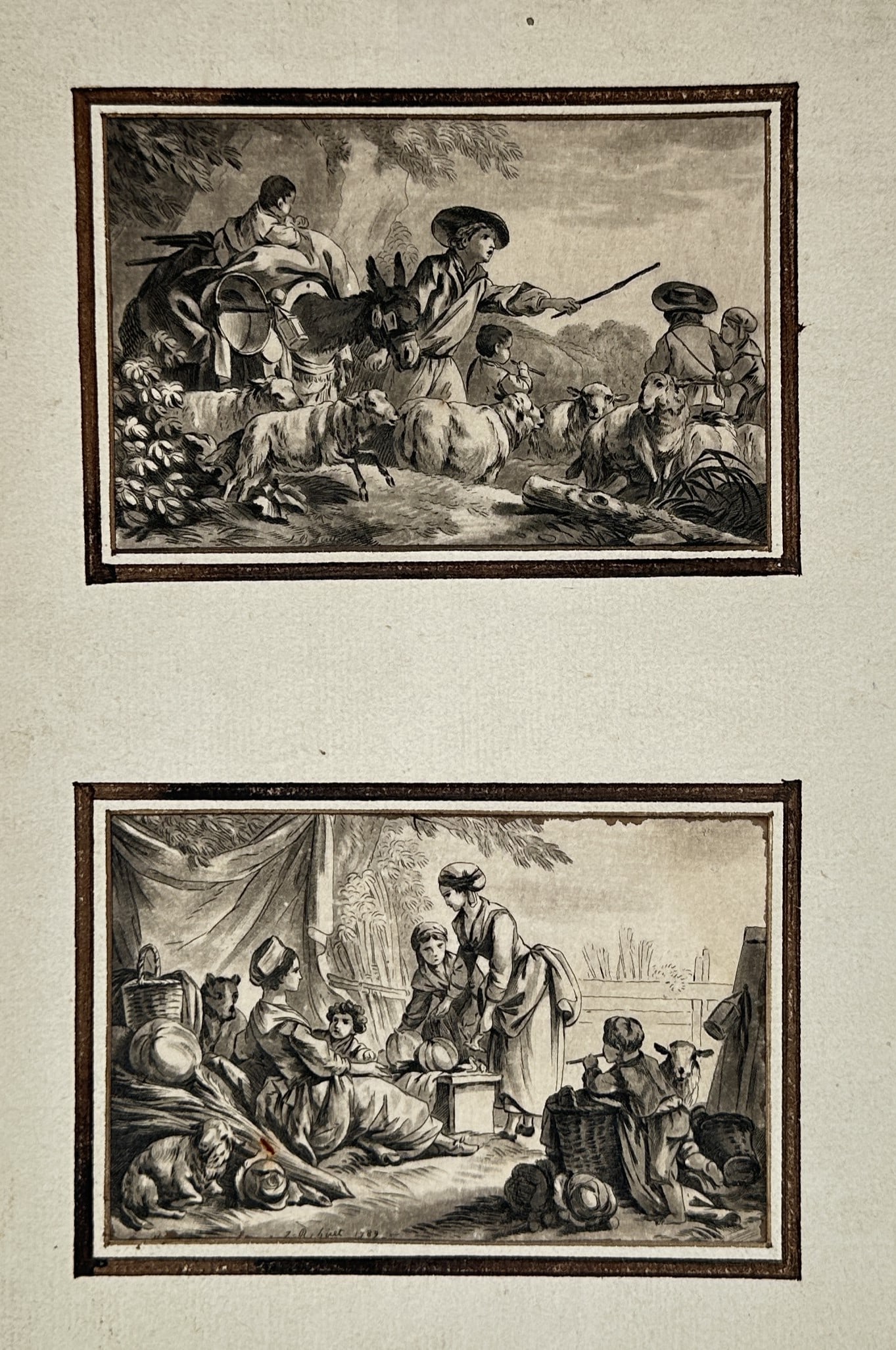 Jean-Baptiste Huet (1745-1811) – View of Shepherds and Market Figures – Etching (c. 1770-1780): This plate contains two distinct pastoral scenes arranged vertically, illustrating the rustic charm of 18th-century rural life. The upper register shows a shepherd directing a group of travelers and l