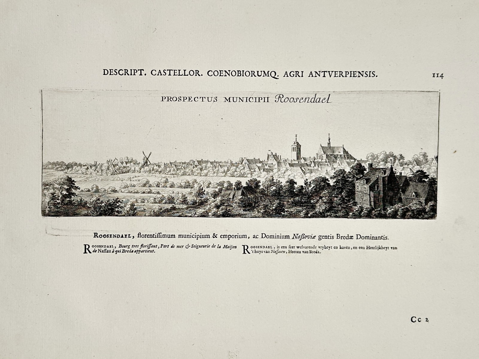 Jacob Le Roy (1633–1719) – View of the Town of Roosendael – Netherlands – Engraving (1694): "Prospectus Municipii Roosendael" presents a panoramic topographical view of the town of Roosendael, showing its church spires, windmills, and urban layout set within a wooded landscape. This copper e