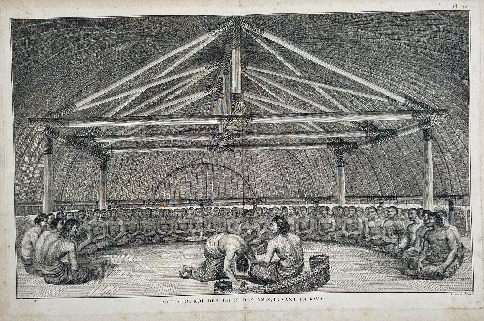 Robert Bénard (1734–1777) – Poulaho, King of the Friendly Islands, Drinking Kava – Engraving: "Poulaho, Roi des Isles des Amis, Buvant la Kava" depicts a traditional kava ceremony in Tonga, featuring the king seated within a large circular structure surrounded by his people. This engraving is 