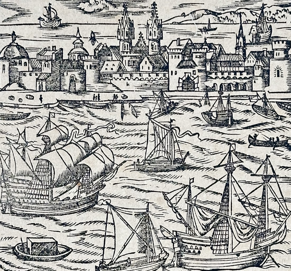 Sebastian Munster (1488–1552) – View of a Coastal City and Port – Woodcut (1550): "Das Ander Buch" features a woodcut illustration of a fortified coastal city with prominent spires and towers, overlooking a busy harbor filled with sailing vessels. This work is from the Cosmographia
