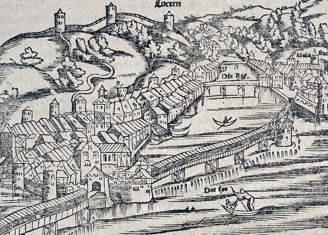 Sebastian Munster (1488–1552) – View of Lucerne and a Signal Tower – Woodcut (1550): "Vondem Teutschen Landt" features a woodcut topographical view of the city of Lucerne, showing its bridges, fortifications, and the surrounding lake and mountains. A secondary woodcut below depicts a 