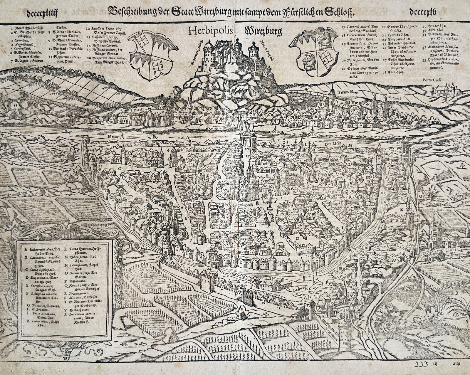 Sebastian Munster (1488–1552) – Panorama of Würzburg – Woodcut (1550) (1 of 3)