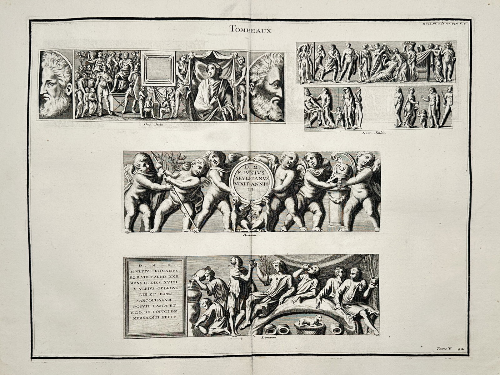 Bernard de Montfaucon (1655–1741) – Ancient Roman Funerary Bas-Reliefs – Engraving (1719) (1 of 2)