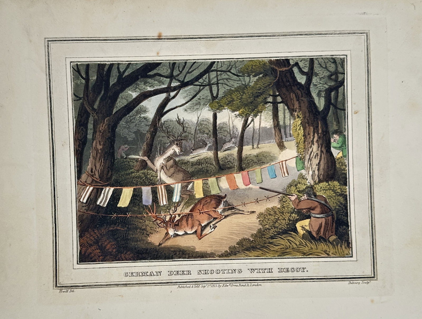 Samuel Howitt (1756–1822) – German Deer Shooting with Decoy – Aquatint (Hand-coloured) (1813): "German Deer Shooting with Decoy" captures a hunting scene within a dense woodland, where a hunter aims his rifle from behind a large tree at a stag trapped by a line of colorful cloth decoys stretche