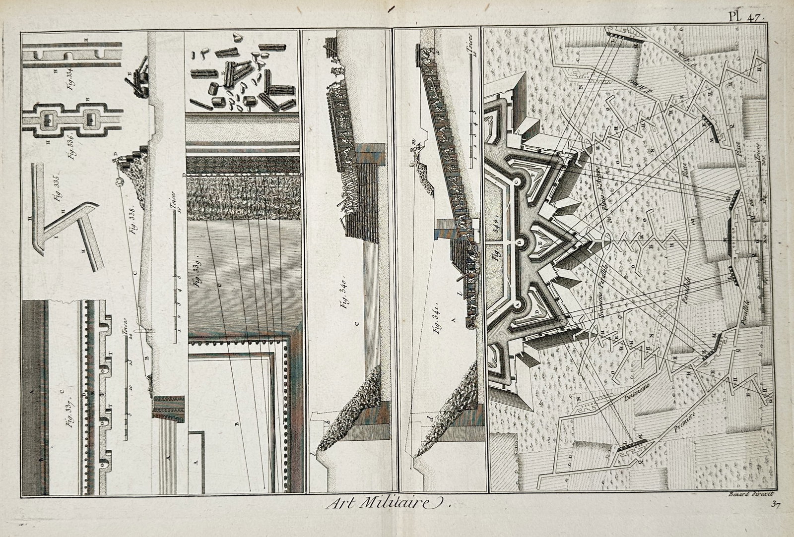Robert Bénard (1734–1777) – Military Fortifications and Siege Operations – Engraving: "Art Militaire" displays a comprehensive technical and architectural study of star-shaped military fortifications, bastion engineering, and trenches used in siege warfare, showcasing a detailed bird's