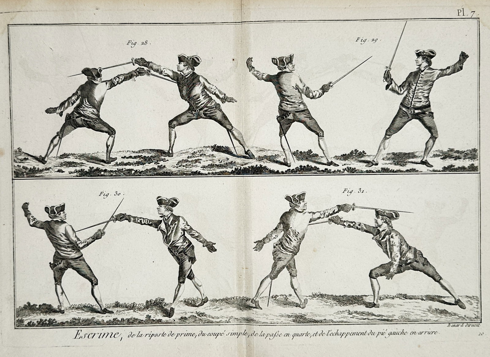 Robert Bénard (1734–1777) – Fencing Ripostes and Simple Attacks – Engraving (1762–1772): "Escrime, de la riposte de prime, du coupé simple, de la passe en quarte, et de l'echappement du pié gauche en arriere" displays a technical study of classical eighteenth-century fencing maneuvers, 