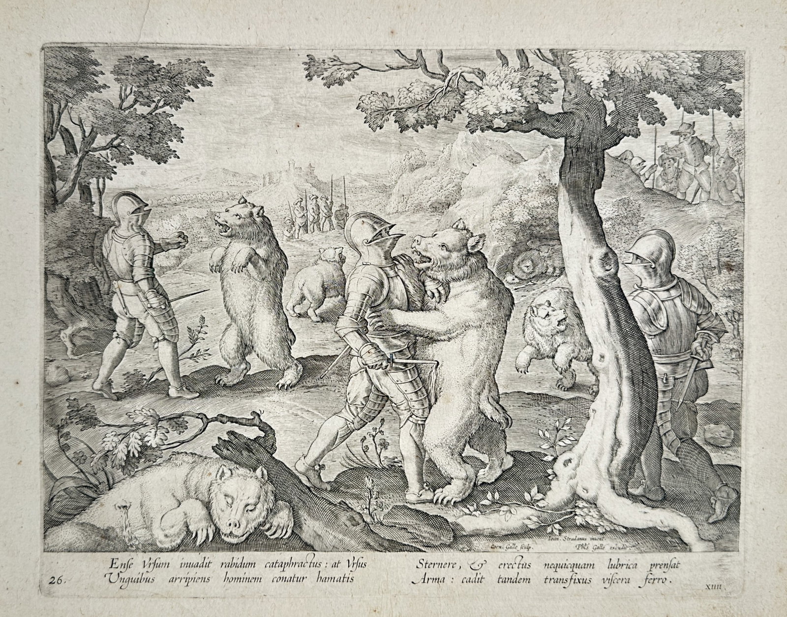Jan van der Straet (1523–1605) – Hunting Bears in Full Armor – Engraving (1578): "Ense Ursum inuadit rabidum cataphractus: at Ursus Unguibus arripies hominem conatur hamatis..." displays a dramatic hunting scene set in a wooded landscape, showcasing knights clad in full plate armo