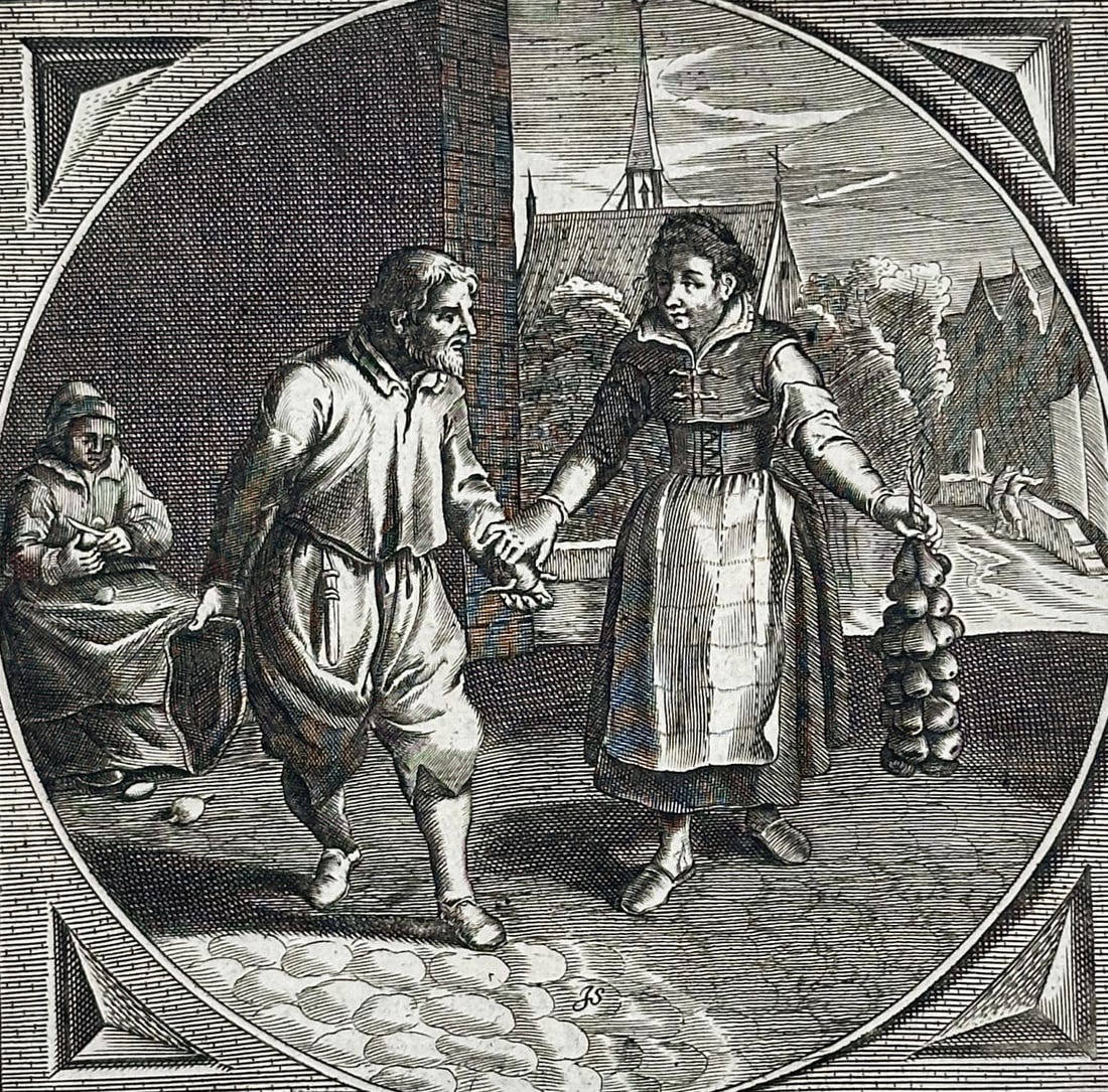 Jacob Cats (1577–1660) – Nuda Movet Lachrimas (The Onion Seller) – Engraving (1632): "Nuda Movet Lachrimas" displays an allegorical Dutch genre scene enclosed within a circular frame, showcasing a man holding hands with a woman standing before a basket of onions, while another figure 