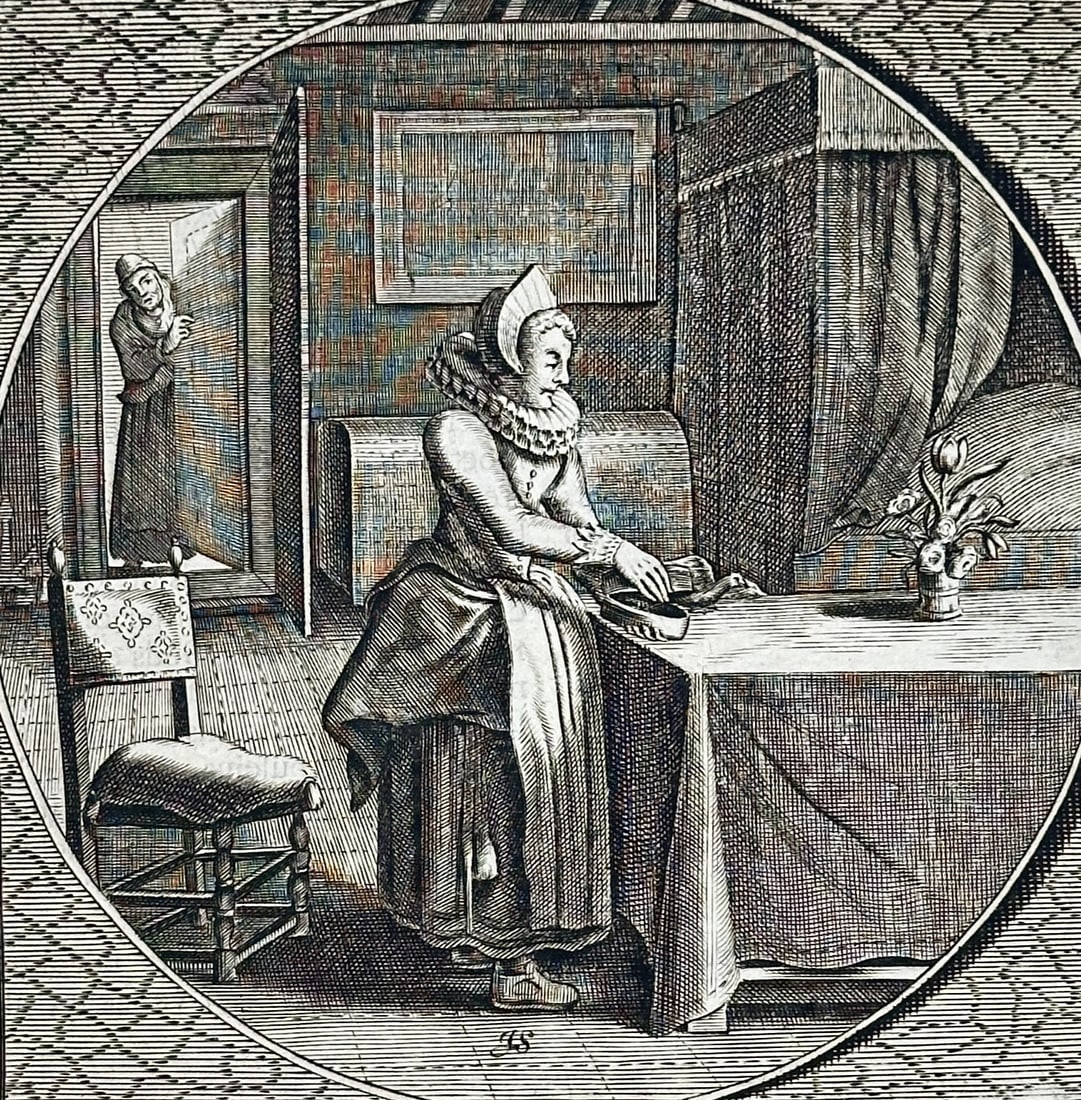Jacob Cats (1577–1660) – Reperire, Perire Est (The Open Box) – Engraving (1632): "Reperire, Perire Est" displays an allegorical Dutch domestic interior scene enclosed within a circular frame, showcasing a woman standing by a table and opening a small chest or box, allowing a bird 