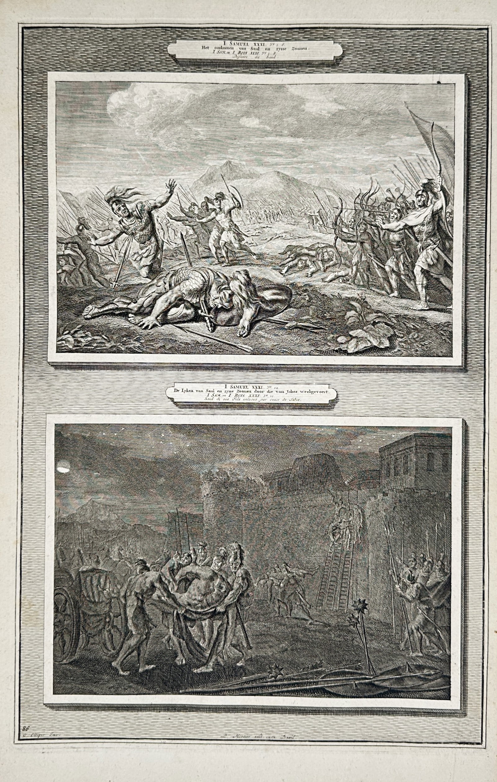 Pieter Mortier – Biblical Scenes: The Death of Saul and The Men Recovering the Bodies – (1 of 2)