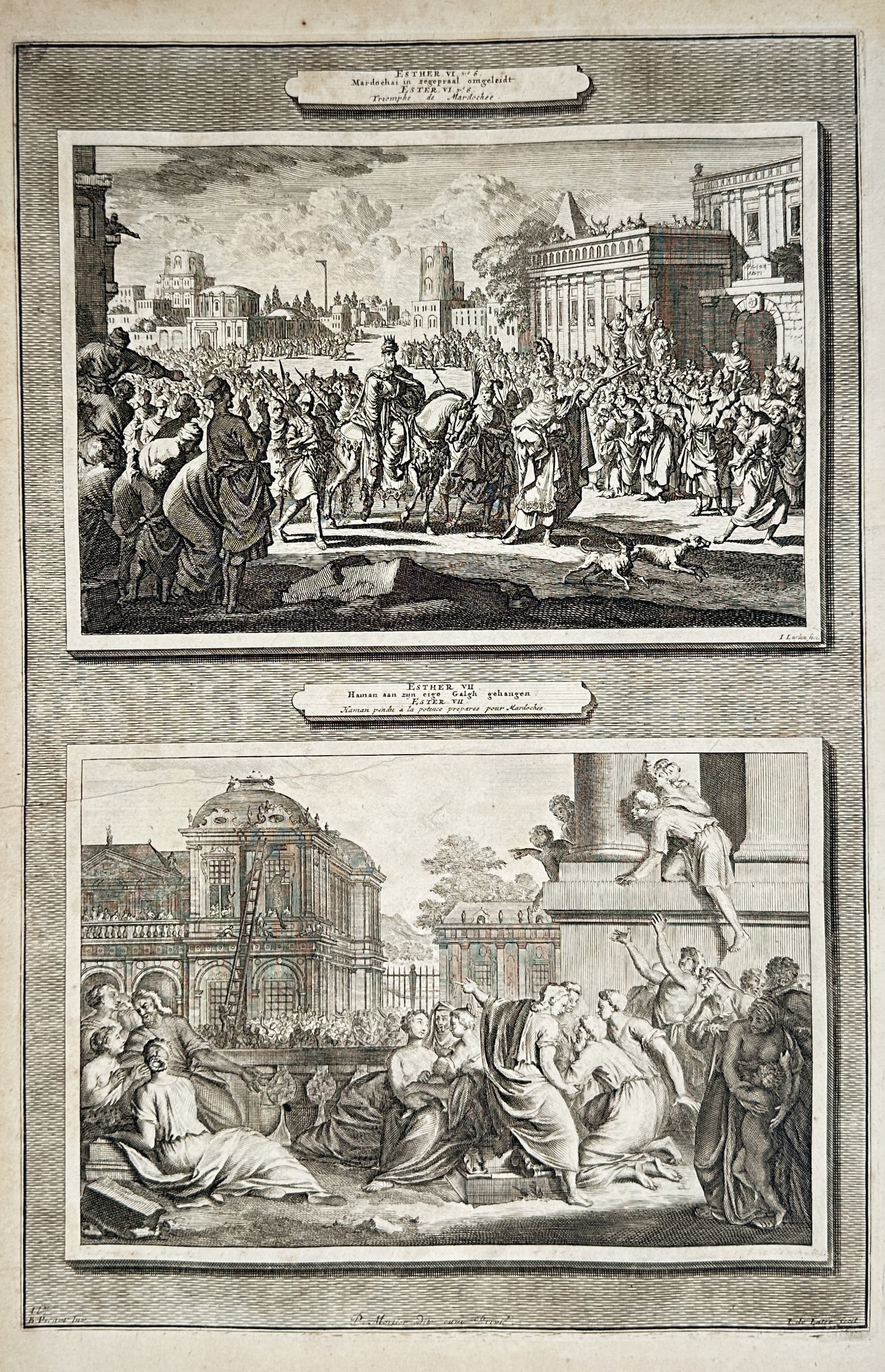 Pieter Mortier – Biblical Scenes: The Triumph of Mordecai and Esther Fainting Before Ahasuerus (1 of 2)