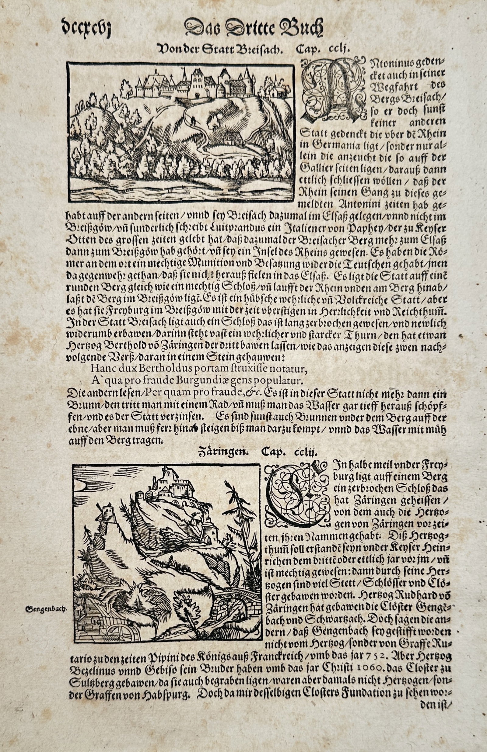 Sebastian Münster (1488–1552) – Views of Breisach and Zähringen Castle – Woodcut (1550) (1 of 2)