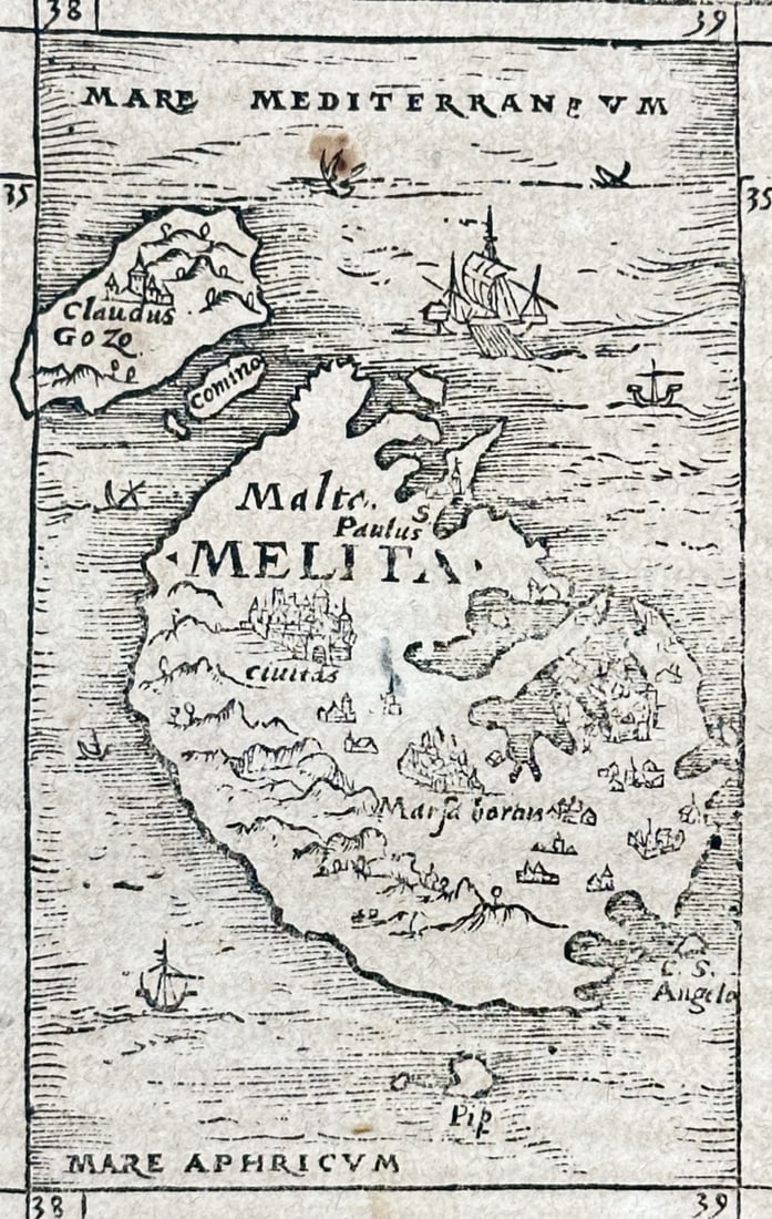 Sebastian Münster (1488–1552) – Map of Malta (Melita) – Woodcut (1550) (1 of 3)