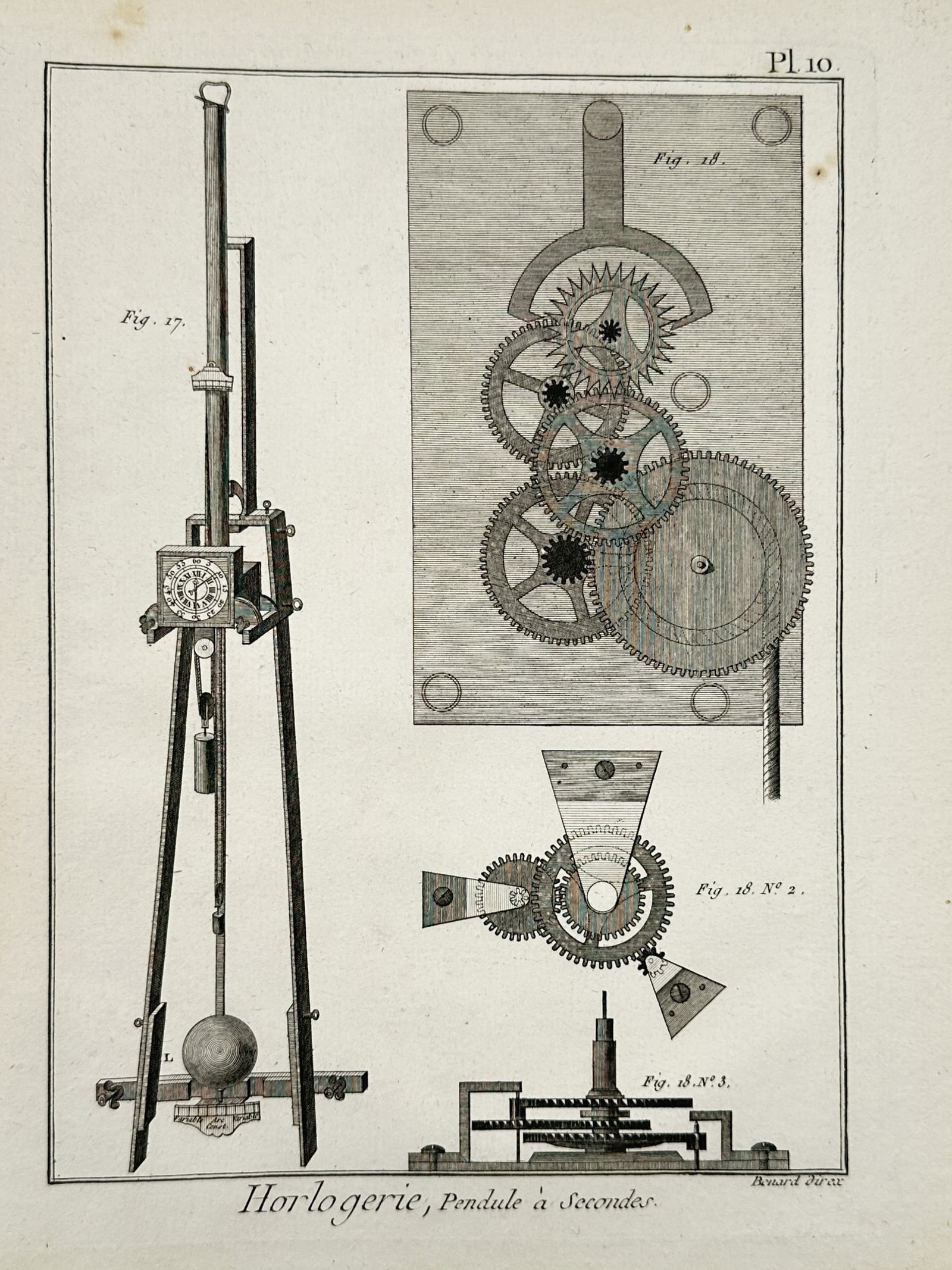 Robert Bénard (1734–1777) – Seconds Pendulum Clock Mechanism – Engraving (1765): "Horlogerie, Pendule a Secondes." displays an eighteenth-century technical engraving illustrating horological developments, showcasing a divided compositional layout with a full perspective view of a 