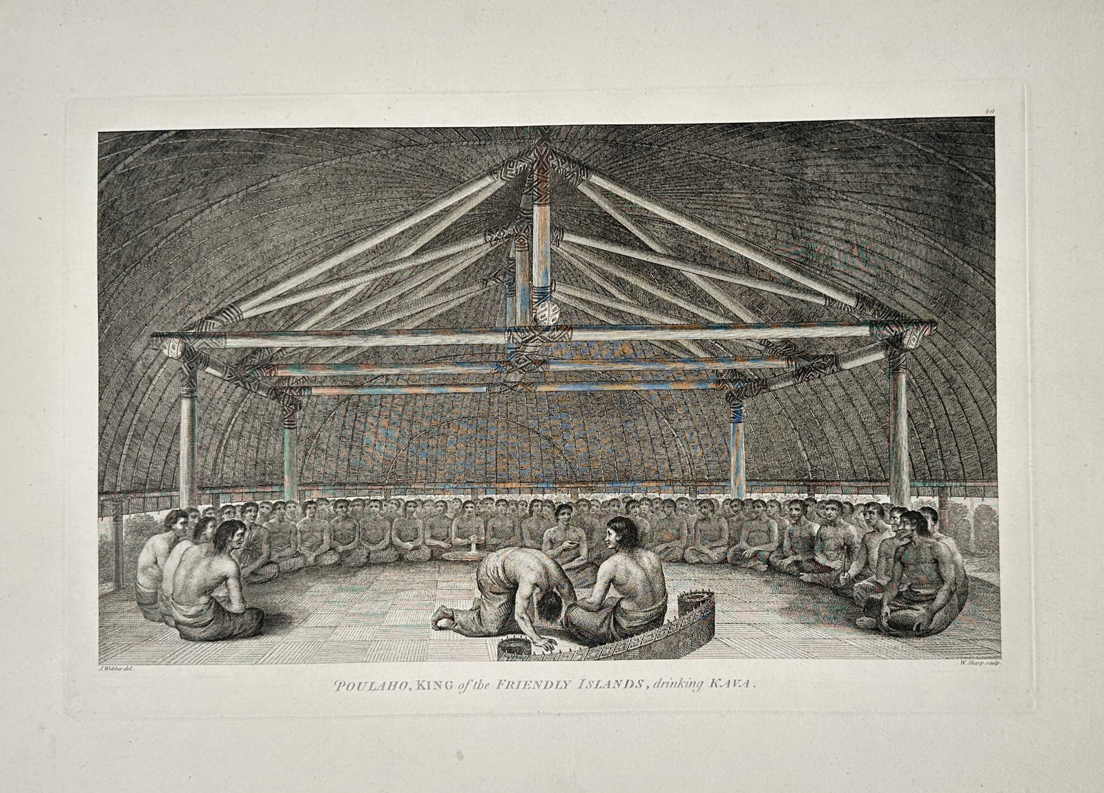 John Webber (1751–1793) – Poulaho, King of the Friendly Islands, Drinking Kava – Engraving: "POULAHO, KING of the FRIENDLY ISLANDS, drinking KAVA." displays an eighteenth-century ethnographic engraving capturing a traditional ritual ceremony in Tonga, showcasing King Poulaho seated within a 